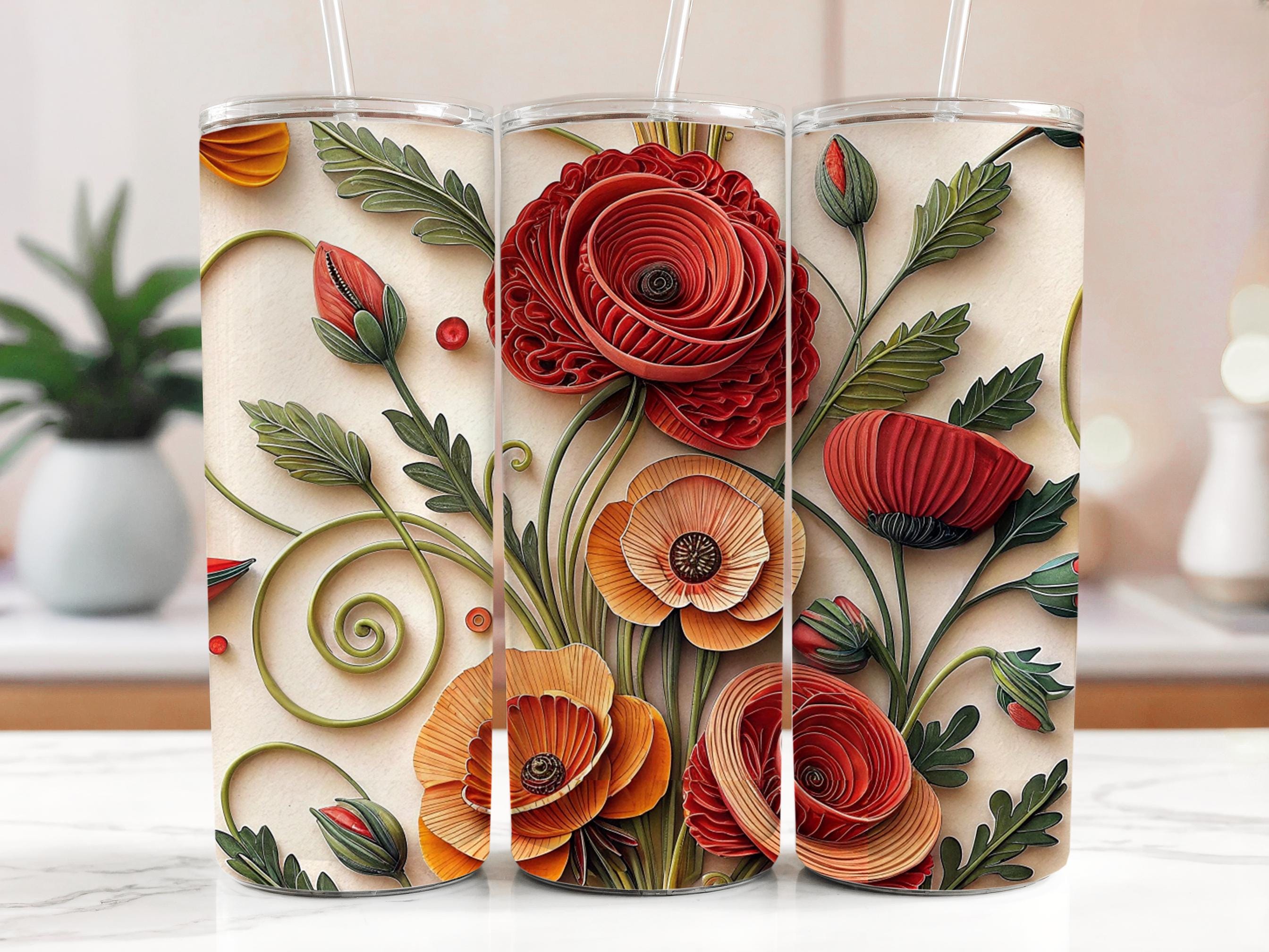 Poppy Tumbler Wrap: Paper Quilled Floral Design (Digital Download PNG, 20oz Skinny Tumbler)