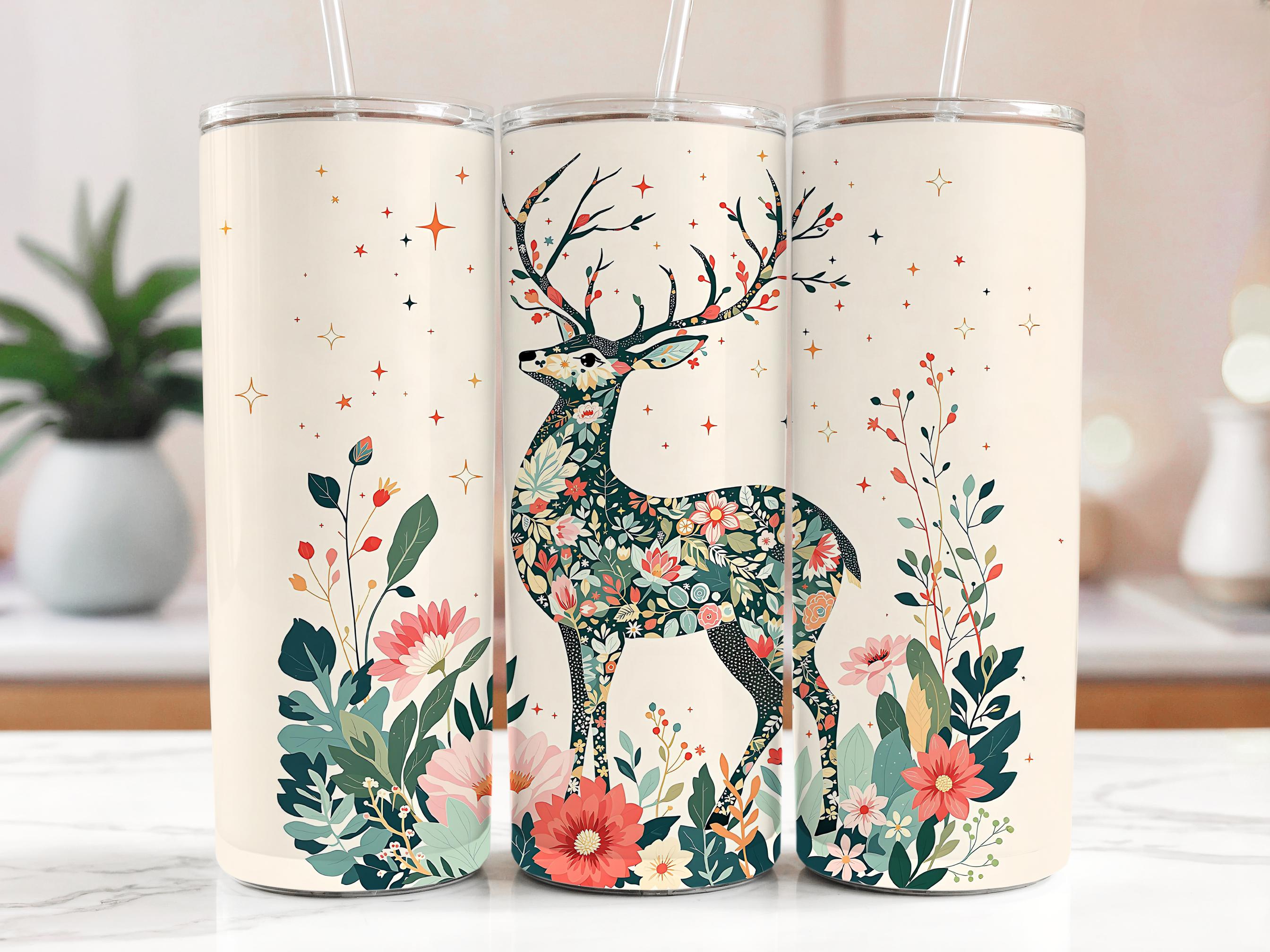 Floral Deer Tumbler Wrap: Boho PNG Sublimation Design (Digital Download)