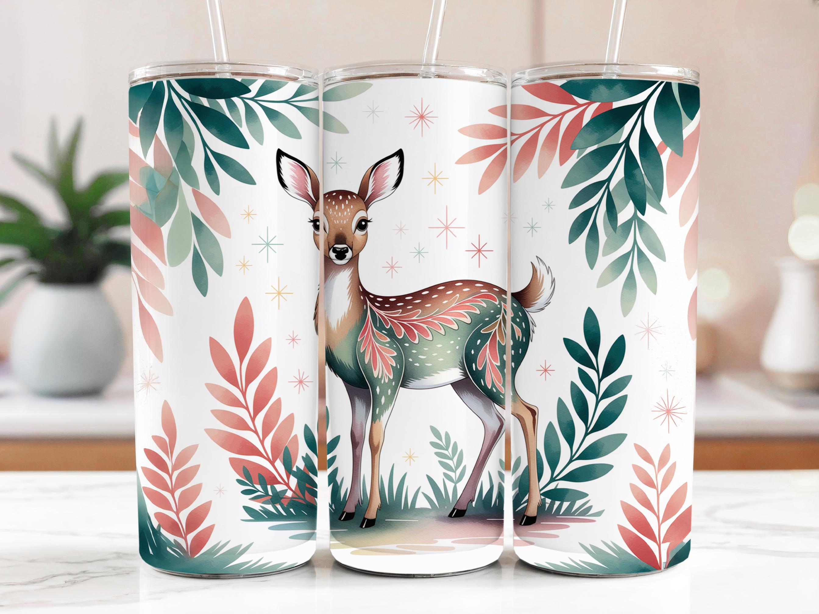Watercolor Deer Tumbler Wrap: Floral 20oz Skinny Sublimation (PNG Digital Download)