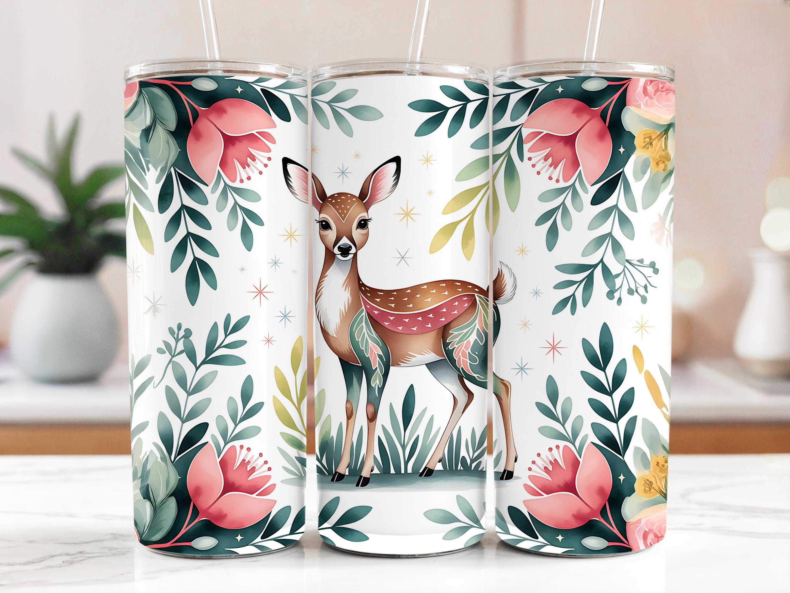 Floral Deer Tumbler Wrap: Watercolor Sublimation Design (PNG Digital Download 20oz Tumbler)