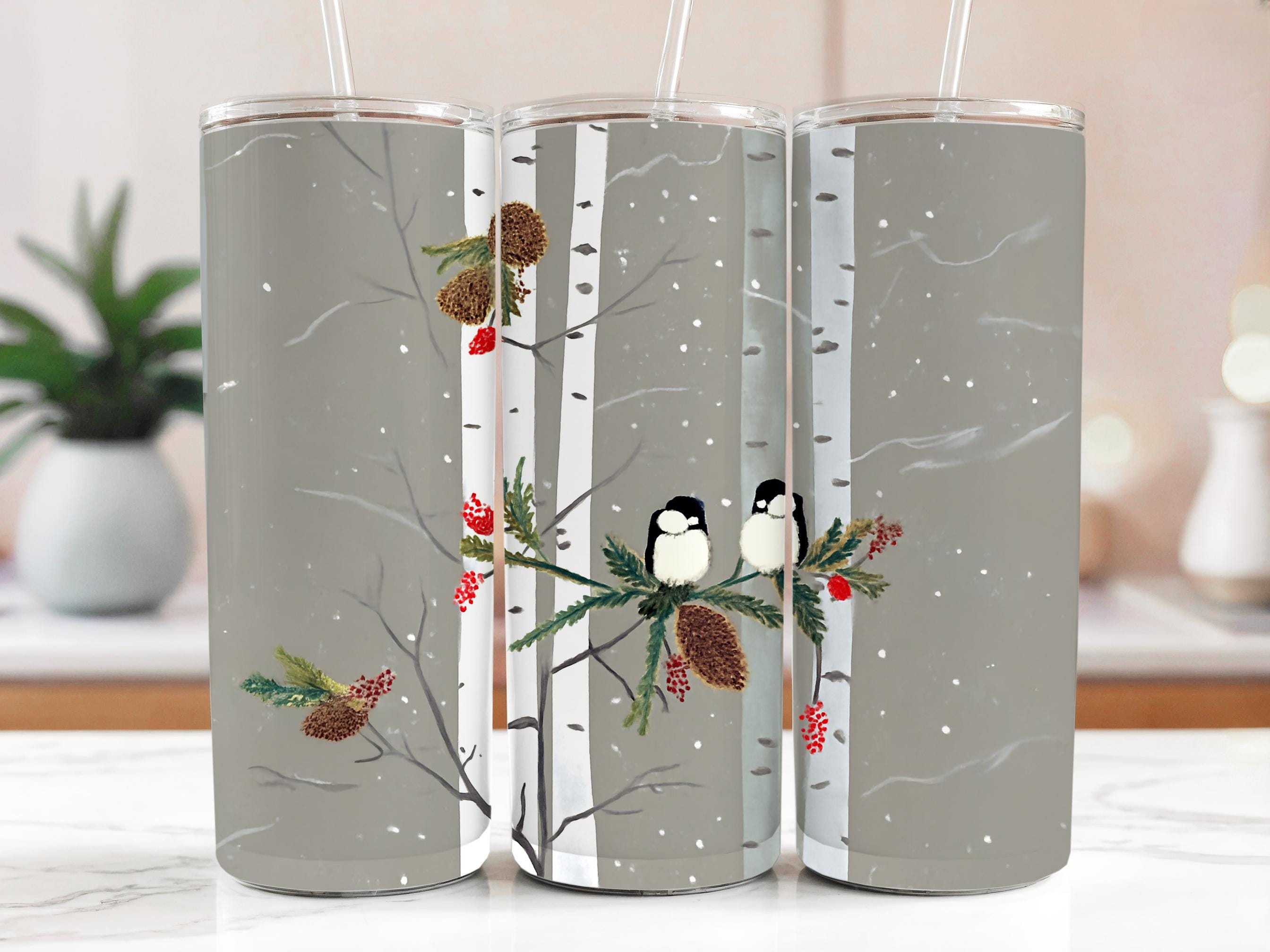 Chickadee Tumbler Wrap: Winter Bird, Birch Tree Design (Digital Download, 20oz PNG Files)