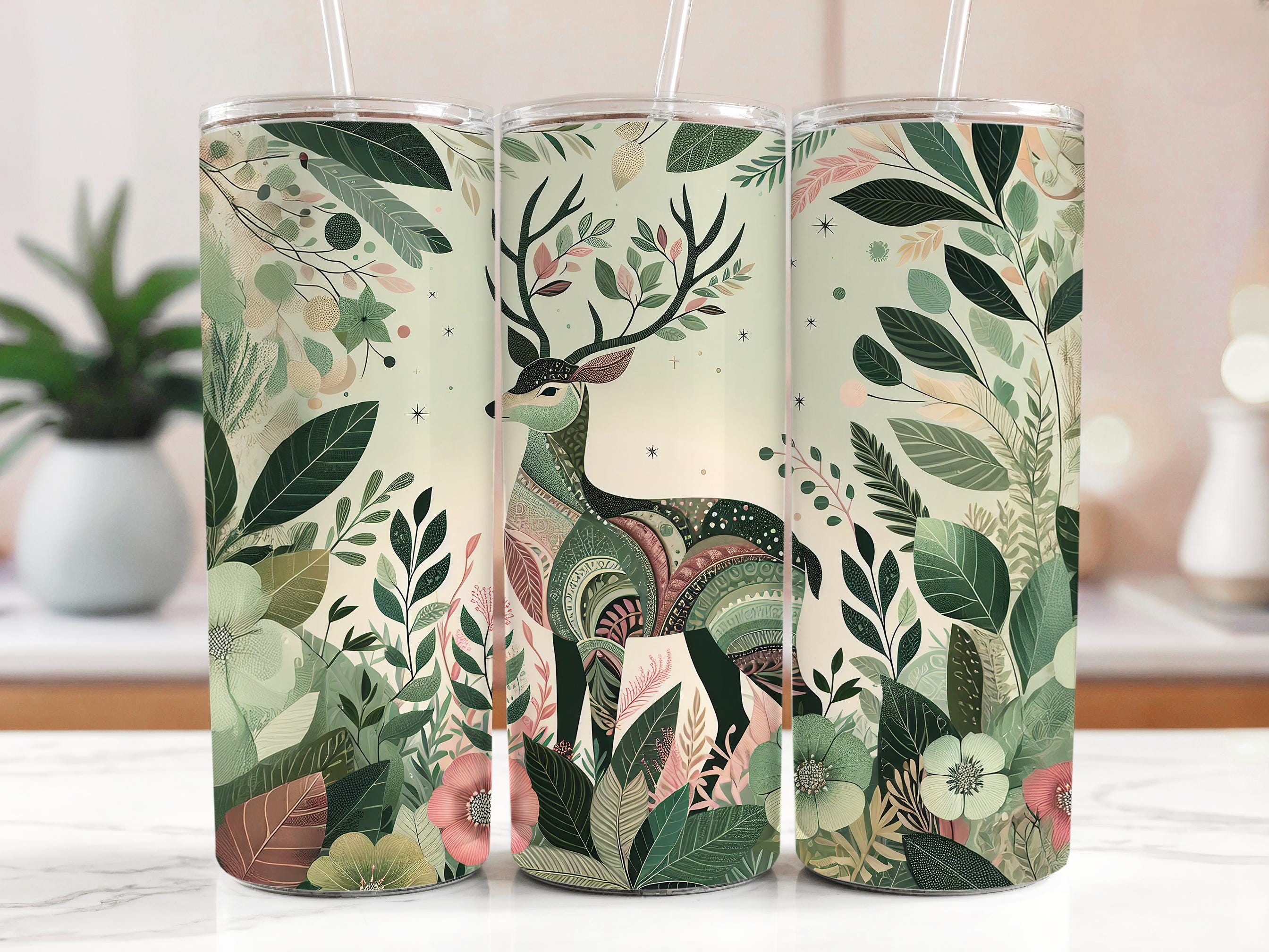 Floral Deer Tumbler Wrap: Boho Buck, Flowers, Leaves (Digital Download)