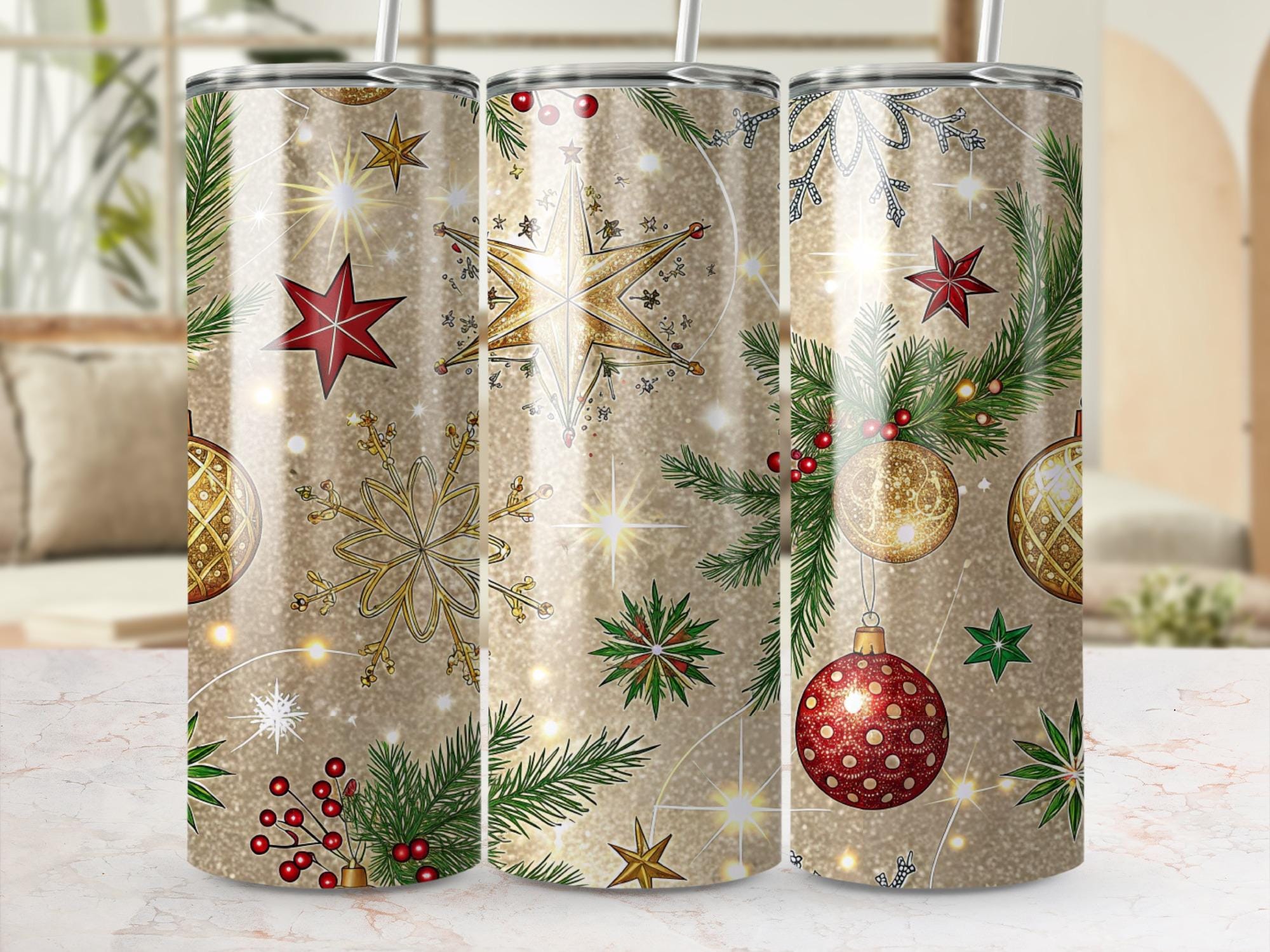 Christmas Ornament Tumbler Wrap: Sparkling Snowflake Sublimation Design (Digital Download)