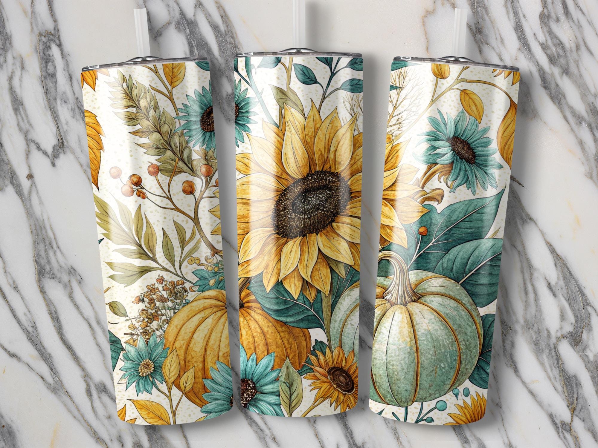 Sunflower Pumpkin Tumbler Wrap: Fall Floral 20oz Skinny Tumbler PNG (Digital Download)
