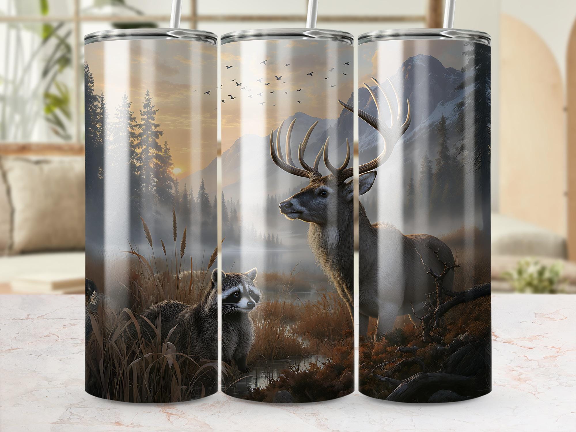 Deer & Raccoon Tumbler Wrap: Wildlife Forest Design (Digital Download PNG)