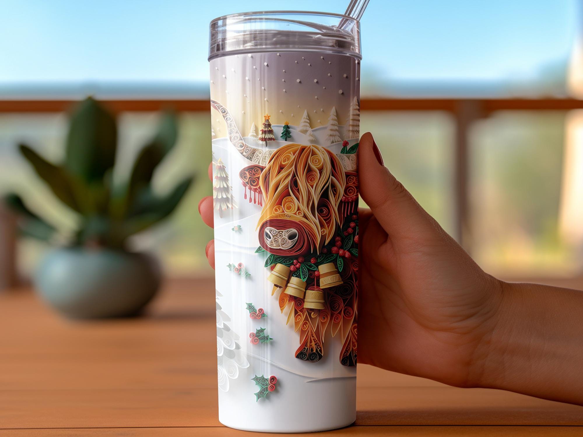 Christmas Highland Cow Tumbler Wrap: Quilled Art Sublimation Design (Digital Download)