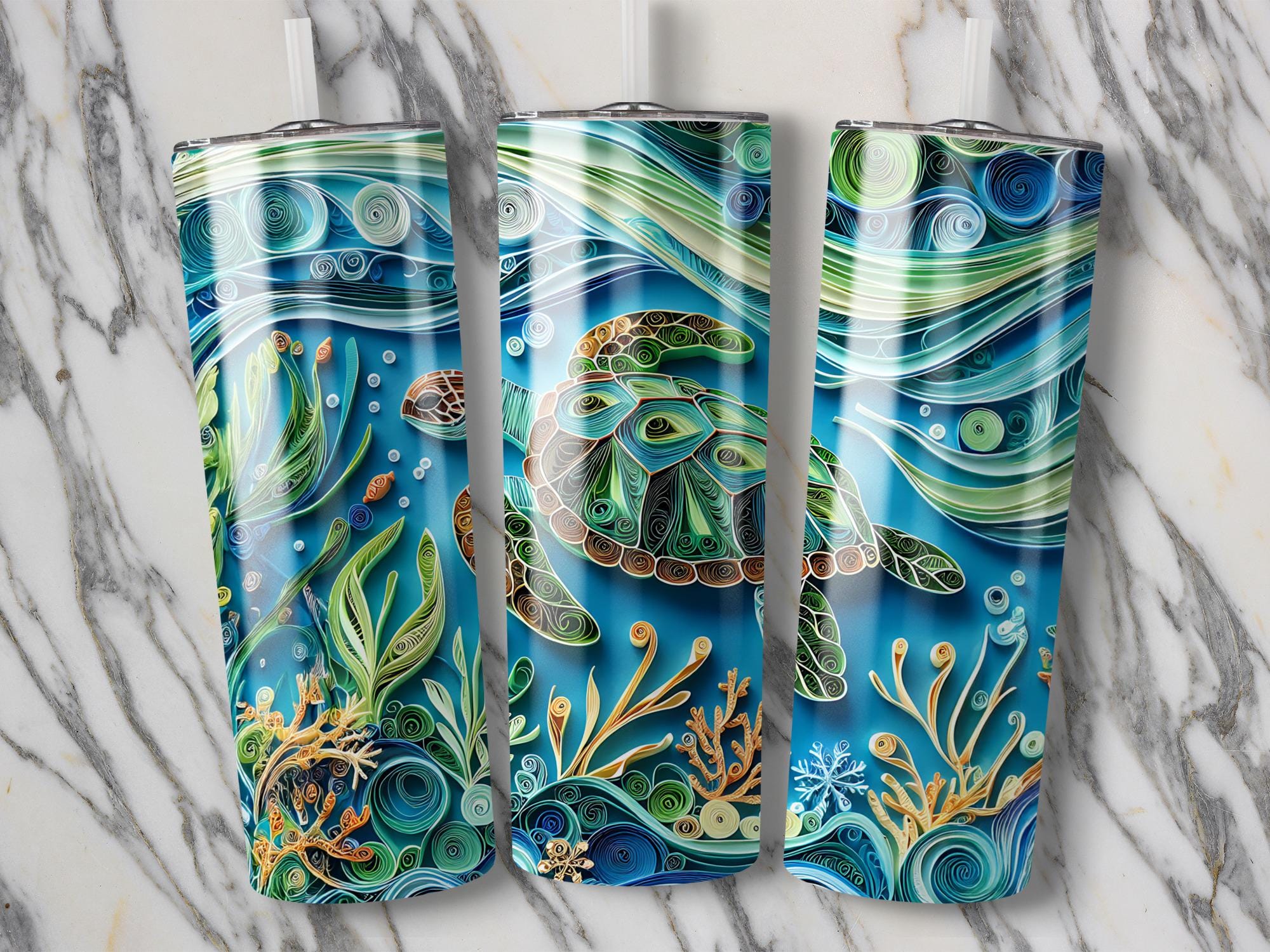 Quilled Sea Turtle Tumbler Wrap: Ocean Sublimation Design (PNG Digital Download)