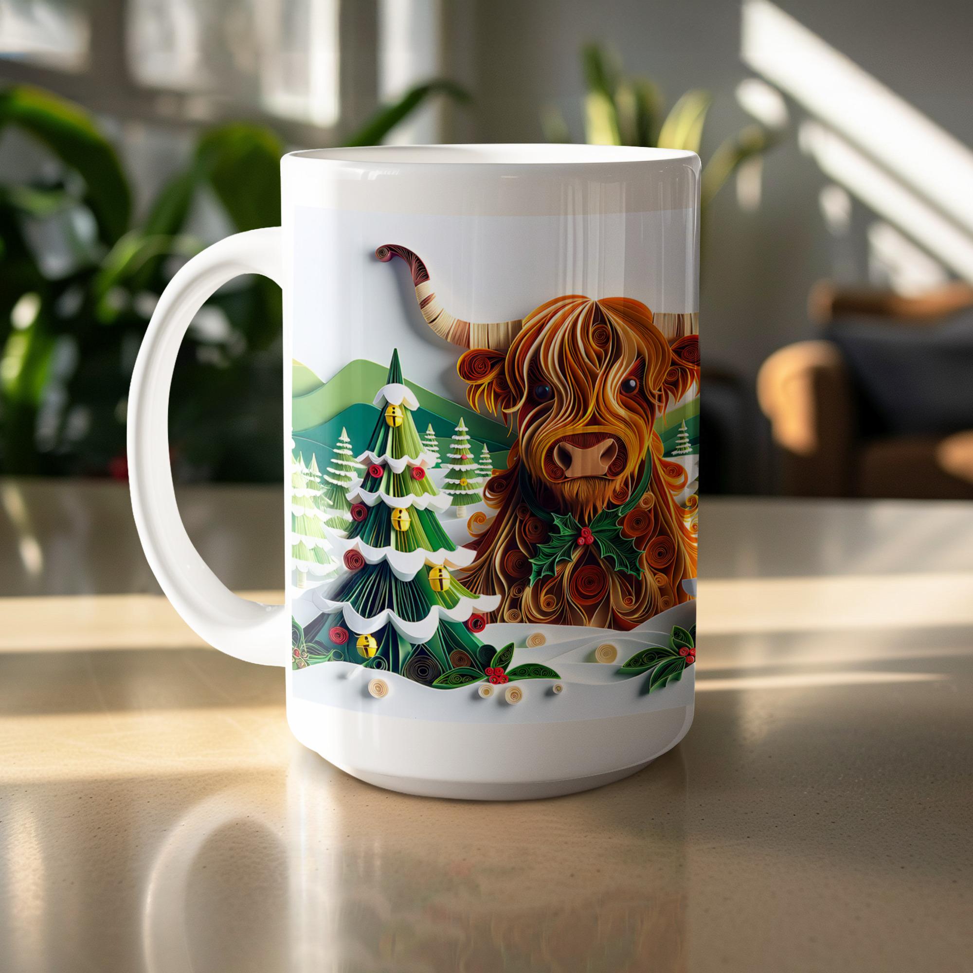Christmas Highland Cow Mug Wrap PNG, Winter Cow Sublimation Design, Festive Mug Wrap, Paper Quilling, Holiday Highland Cow, Digital Download