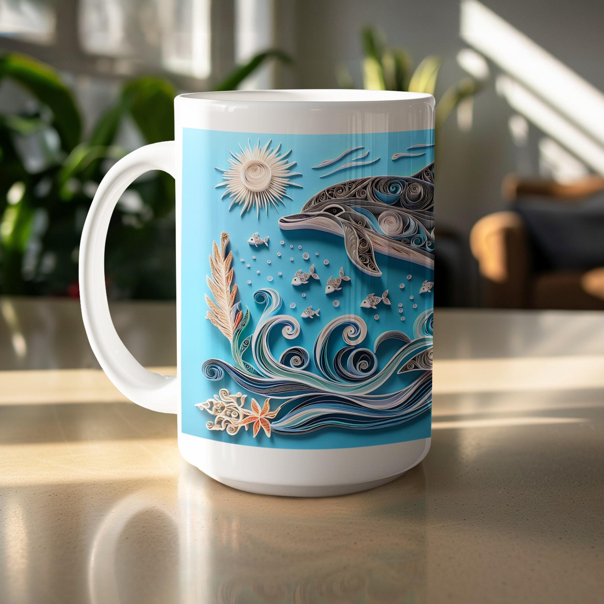 Dolphin Mug Wrap: Paper Quilling Art, Ocean Design (Digital Download, 15oz Mug)