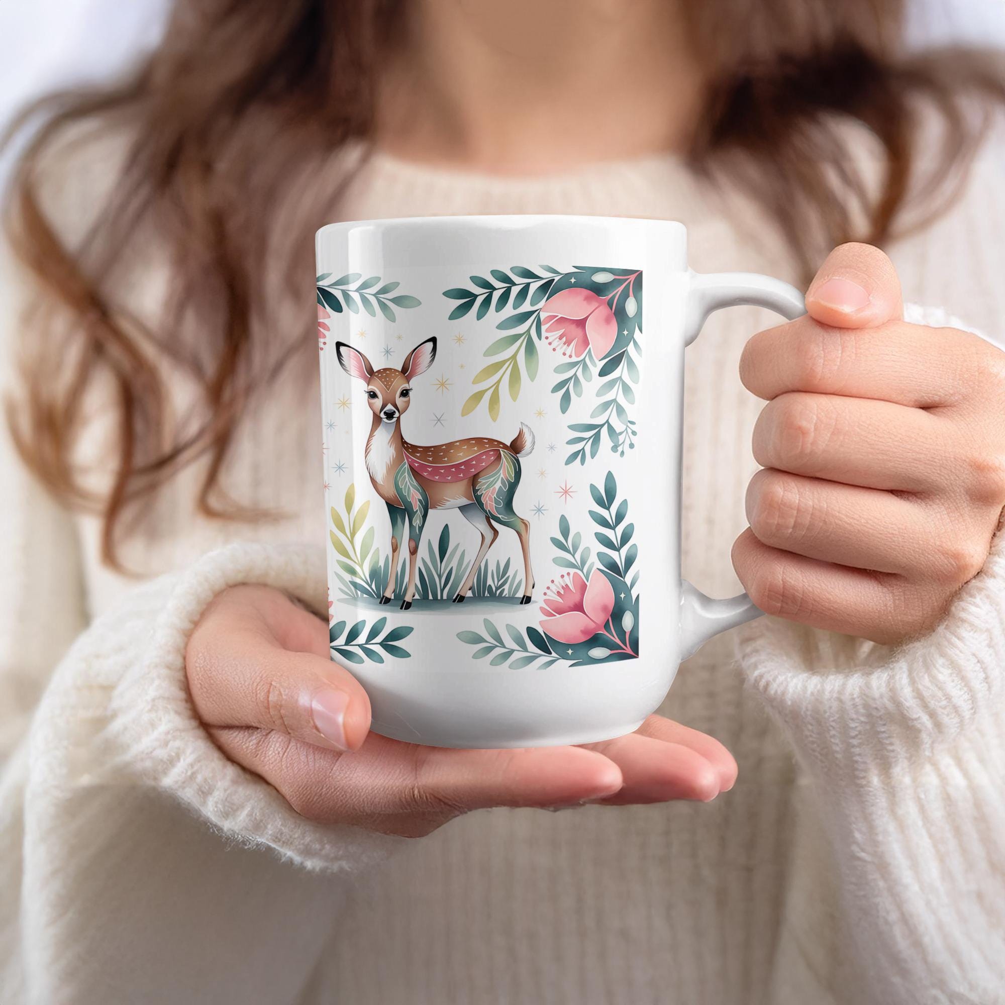 Deer Mug Wrap: Floral Watercolor Sublimation Design (Digital Download)