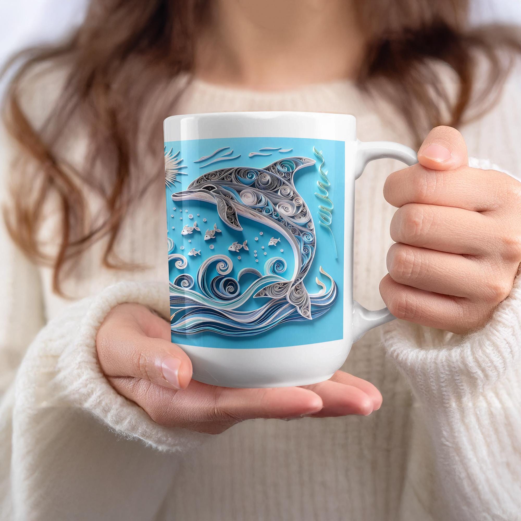 Dolphin Mug Wrap: Paper Quilling Art, Ocean Design (Digital Download, 15oz Mug)