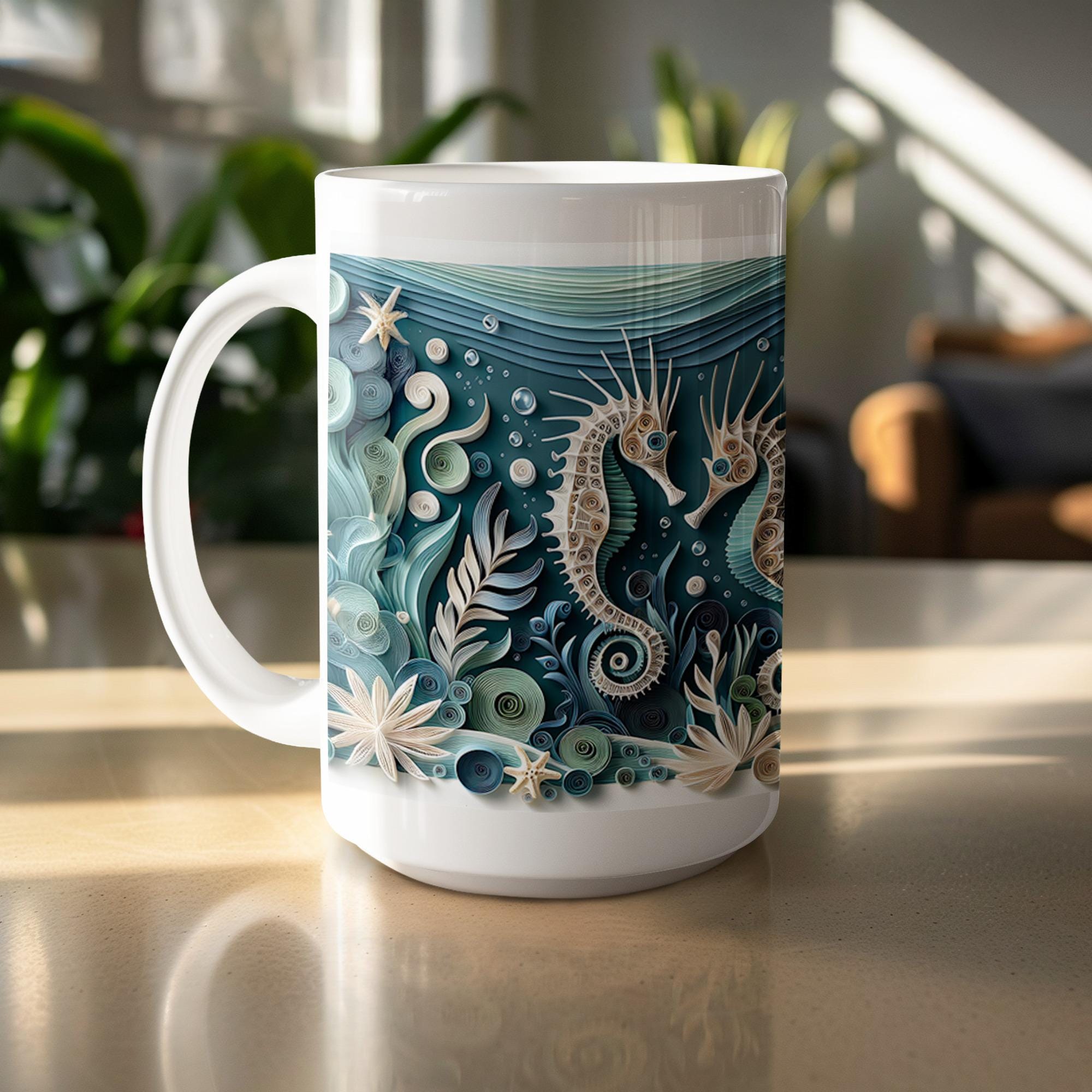 Seahorse Mug Wrap, 15oz Ocean Mug, Paper Quilling Sea Life, Nautical Sublimation Design, Coastal Mug Wrap, Digital Download