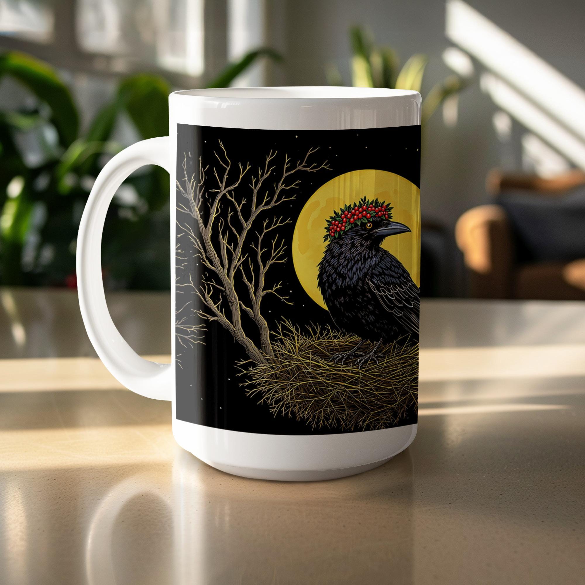 Raven Mug Wrap, 15oz Crow Mug, Berry Crown Sublimation Design, Gothic Bird Mug Wrap, Crow Nest Full Moon Mug Wrap, PNG