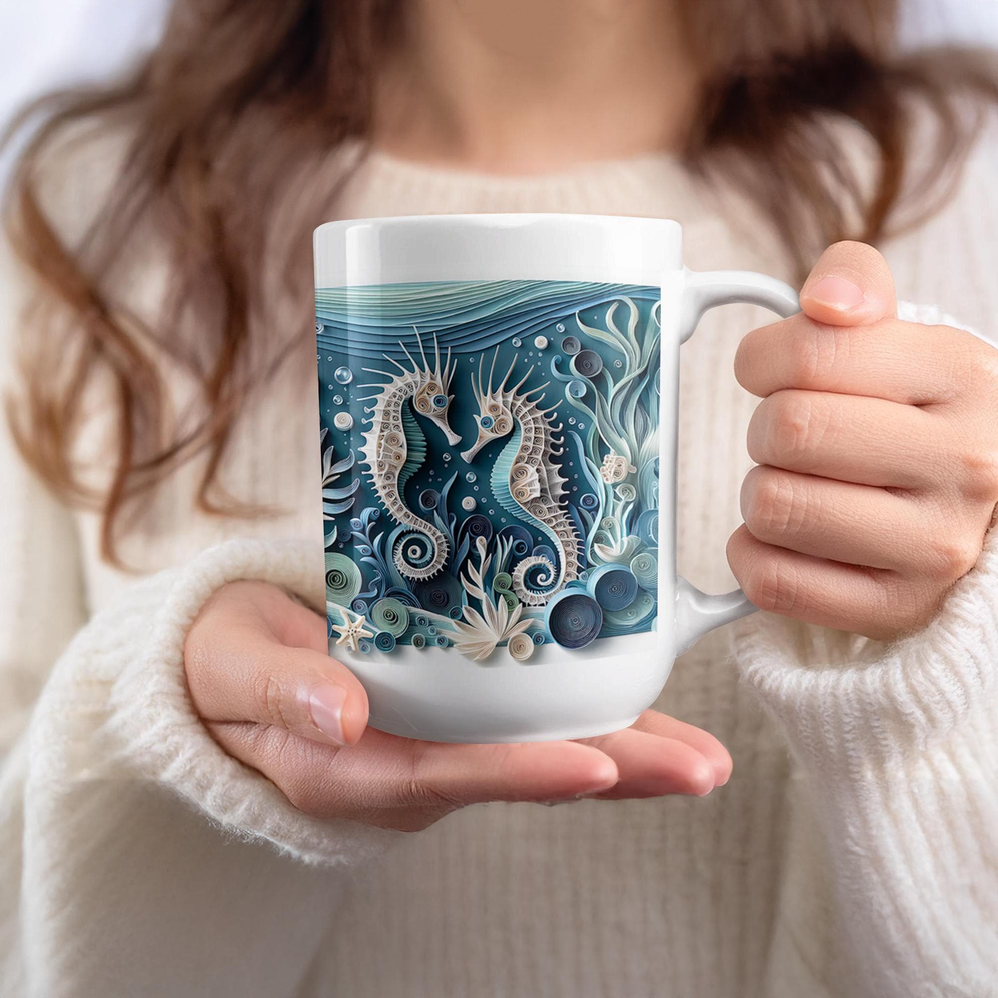 Seahorse Mug Wrap, 15oz Ocean Mug, Paper Quilling Sea Life, Nautical Sublimation Design, Coastal Mug Wrap, Digital Download