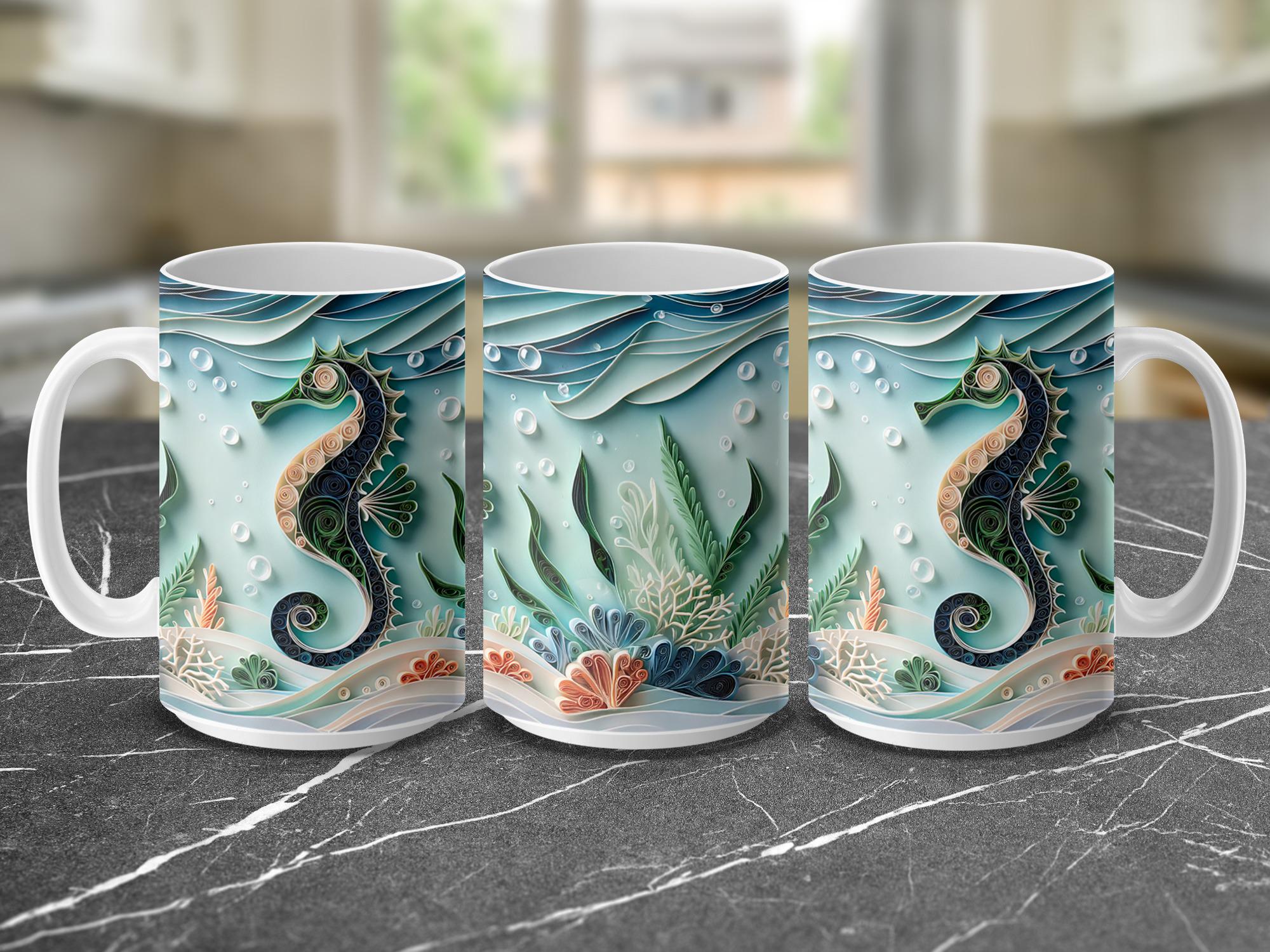 Seahorse Mug Wrap, 15oz Under the Sea Mug, Ocean Sublimation Designs, Paper Quilling art, Seahorse Ocean Wrap, Digital Download