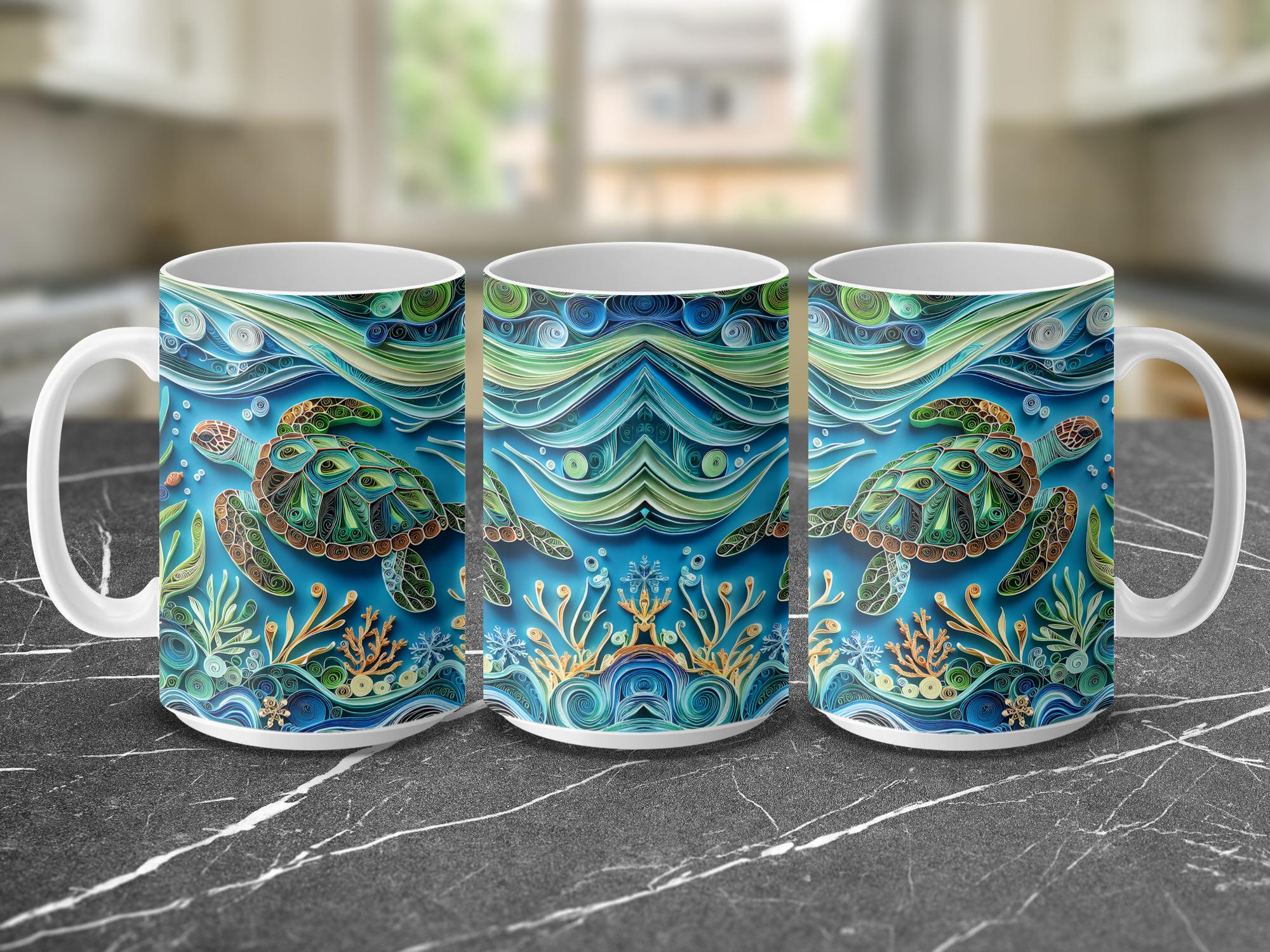 Sea Turtle Mug Wrap: Paper Quilling Ocean Design (Digital Download, 15oz Mug PNG File)