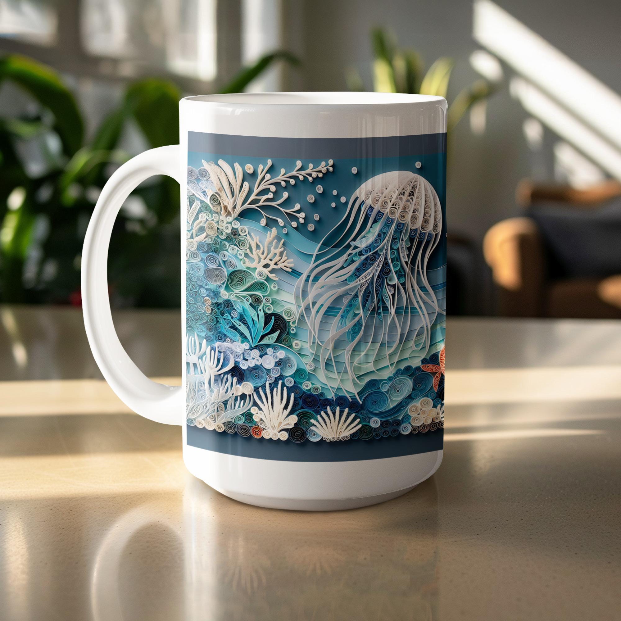 Quilled Jellyfish Mug Wrap: Blue Ocean Sublimation Design (Digital Download)