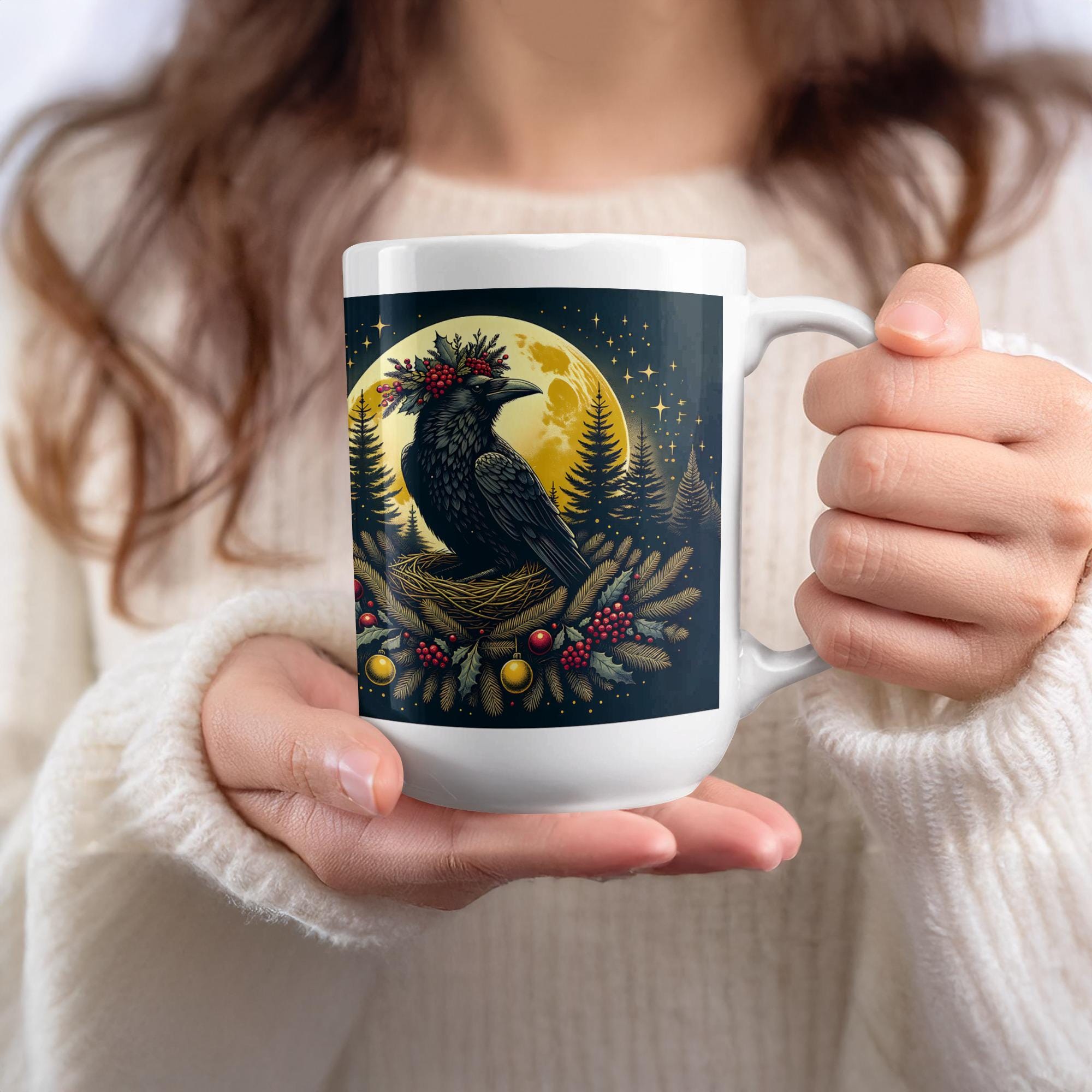 Raven Winter Moon Mug Wrap: Holiday Sublimation Design (Digital Download)
