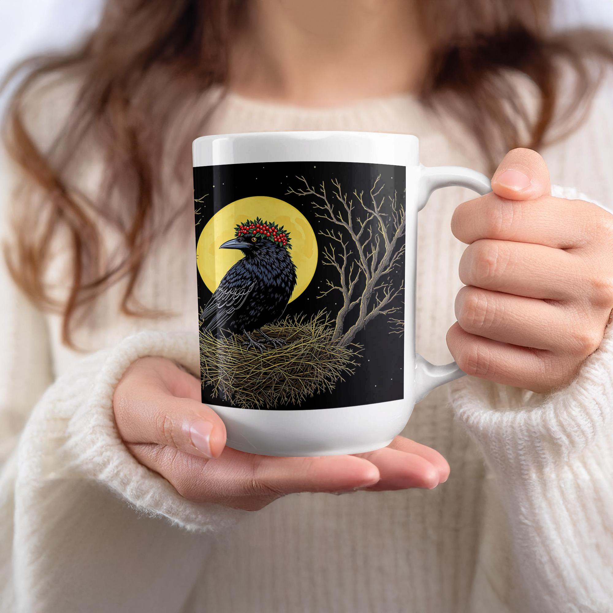 Raven Mug Wrap, 15oz Crow Mug, Berry Crown Sublimation Design, Gothic Bird Mug Wrap, Crow Nest Full Moon Mug Wrap, PNG