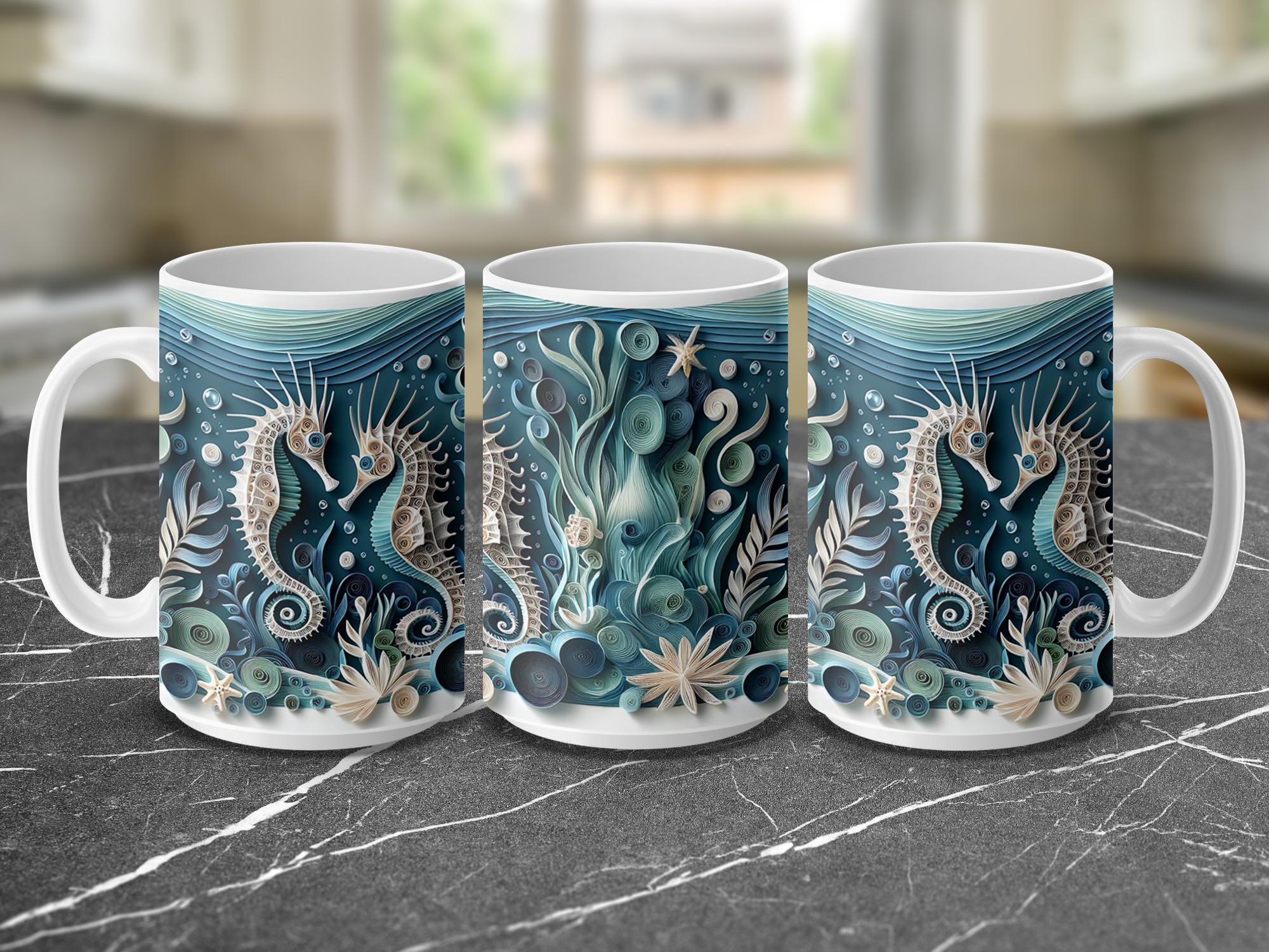 Seahorse Mug Wrap, 15oz Ocean Mug, Paper Quilling Sea Life, Nautical Sublimation Design, Coastal Mug Wrap, Digital Download