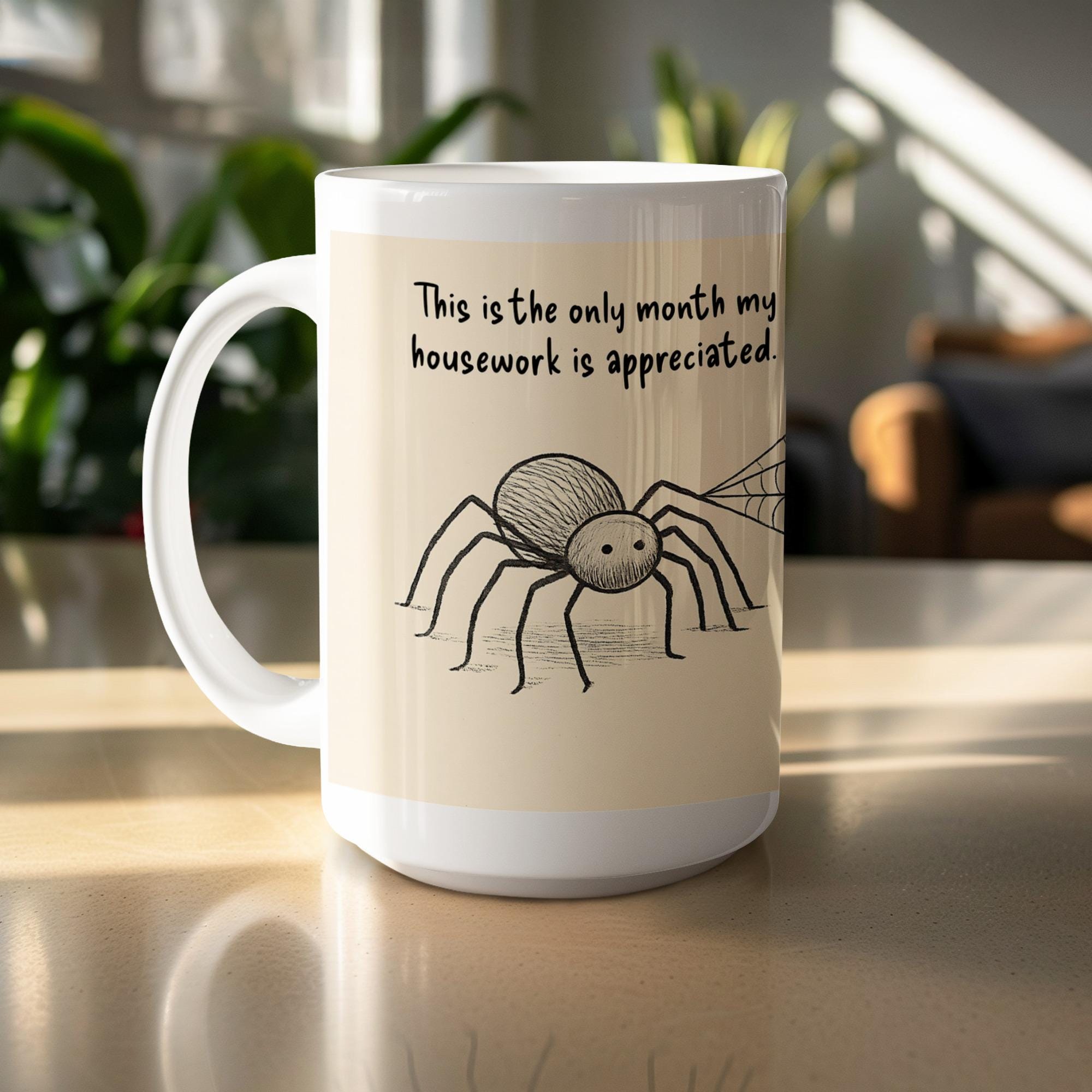 Funny Spider Mug Wrap: Halloween Housework Design (Digital Download, 15 oz PNG File)