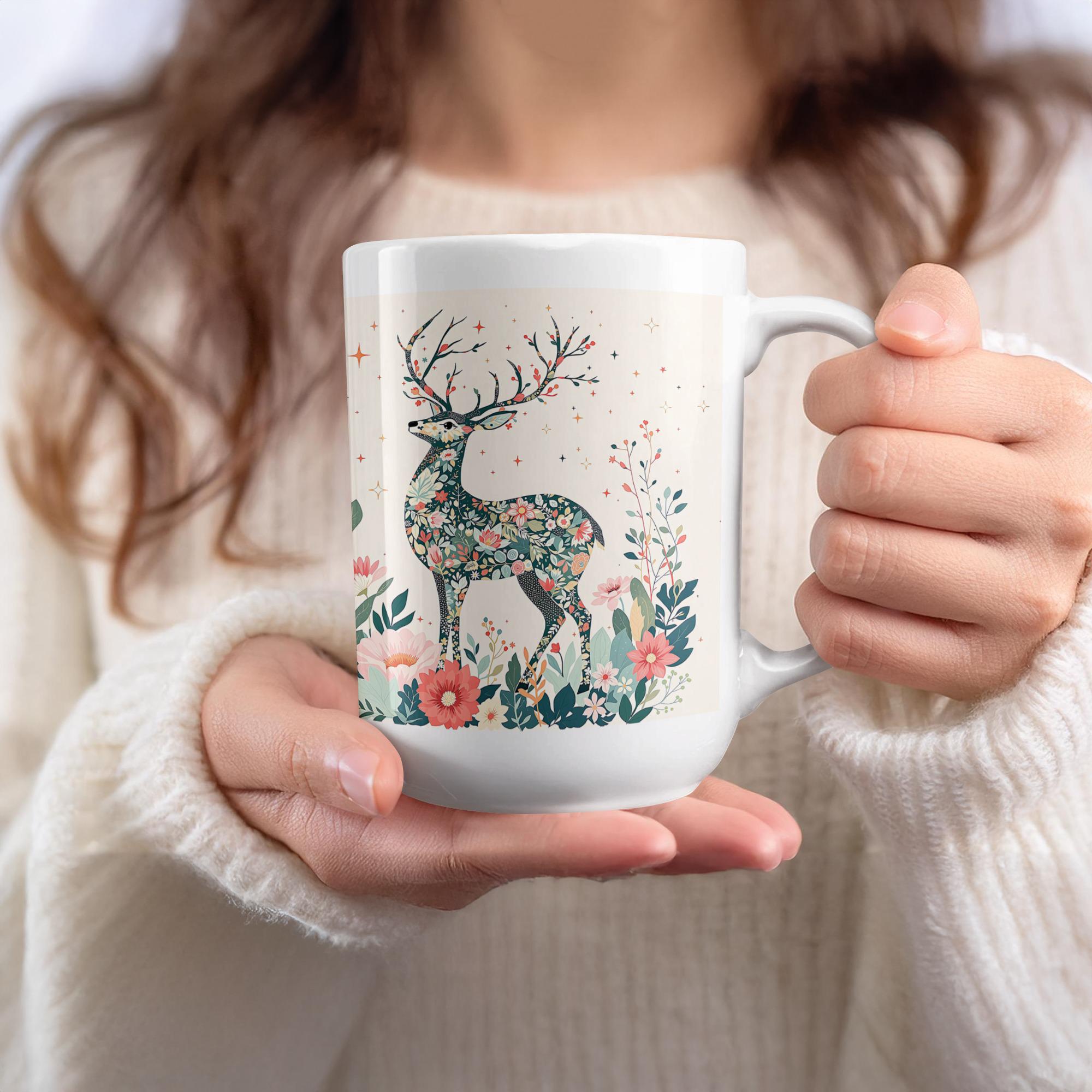 Floral Deer Mug Wrap: Spring Animal Sublimation Design (Digital Download, 15 oz PNG File)