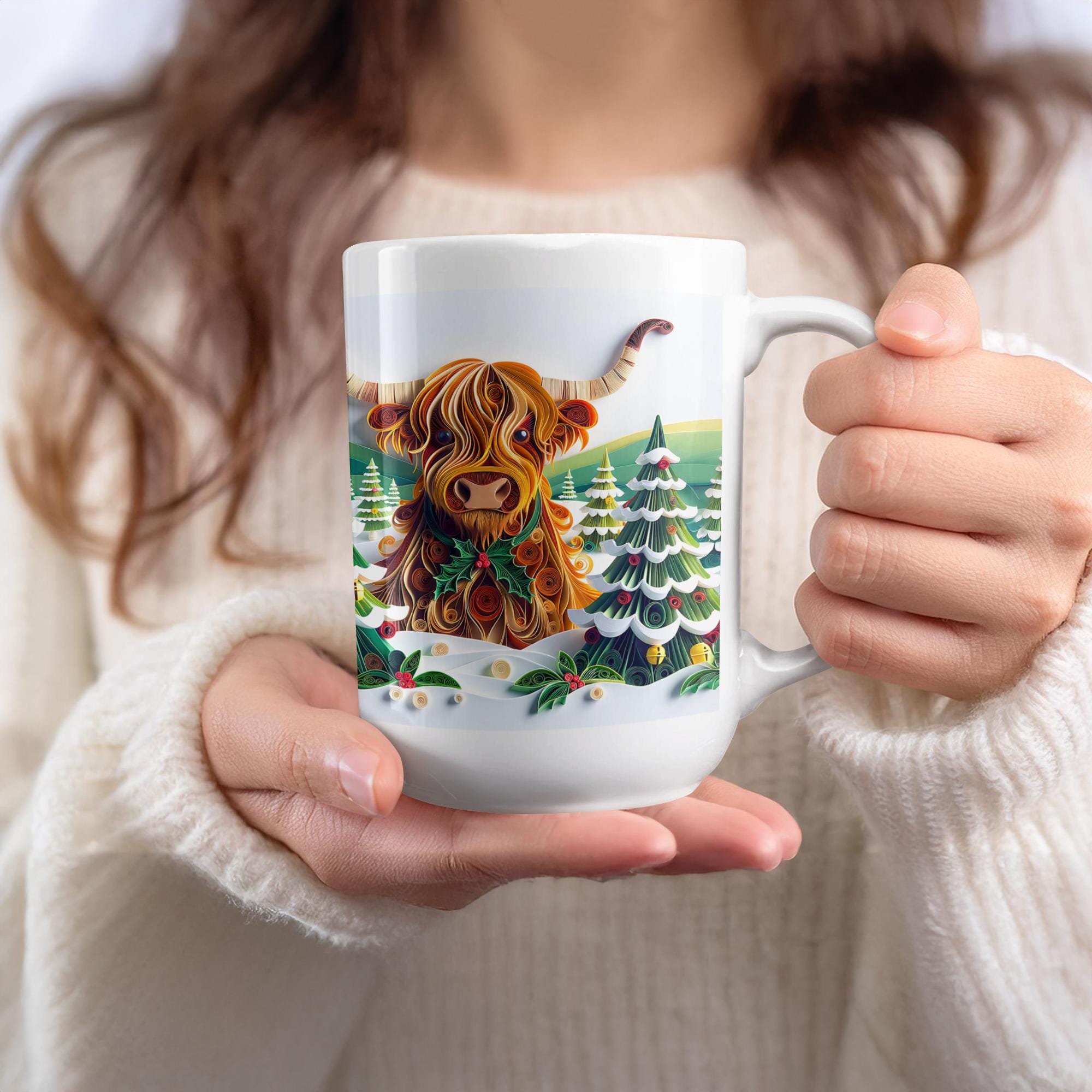 Christmas Highland Cow Mug Wrap PNG, Winter Cow Sublimation Design, Festive Mug Wrap, Paper Quilling, Holiday Highland Cow, Digital Download