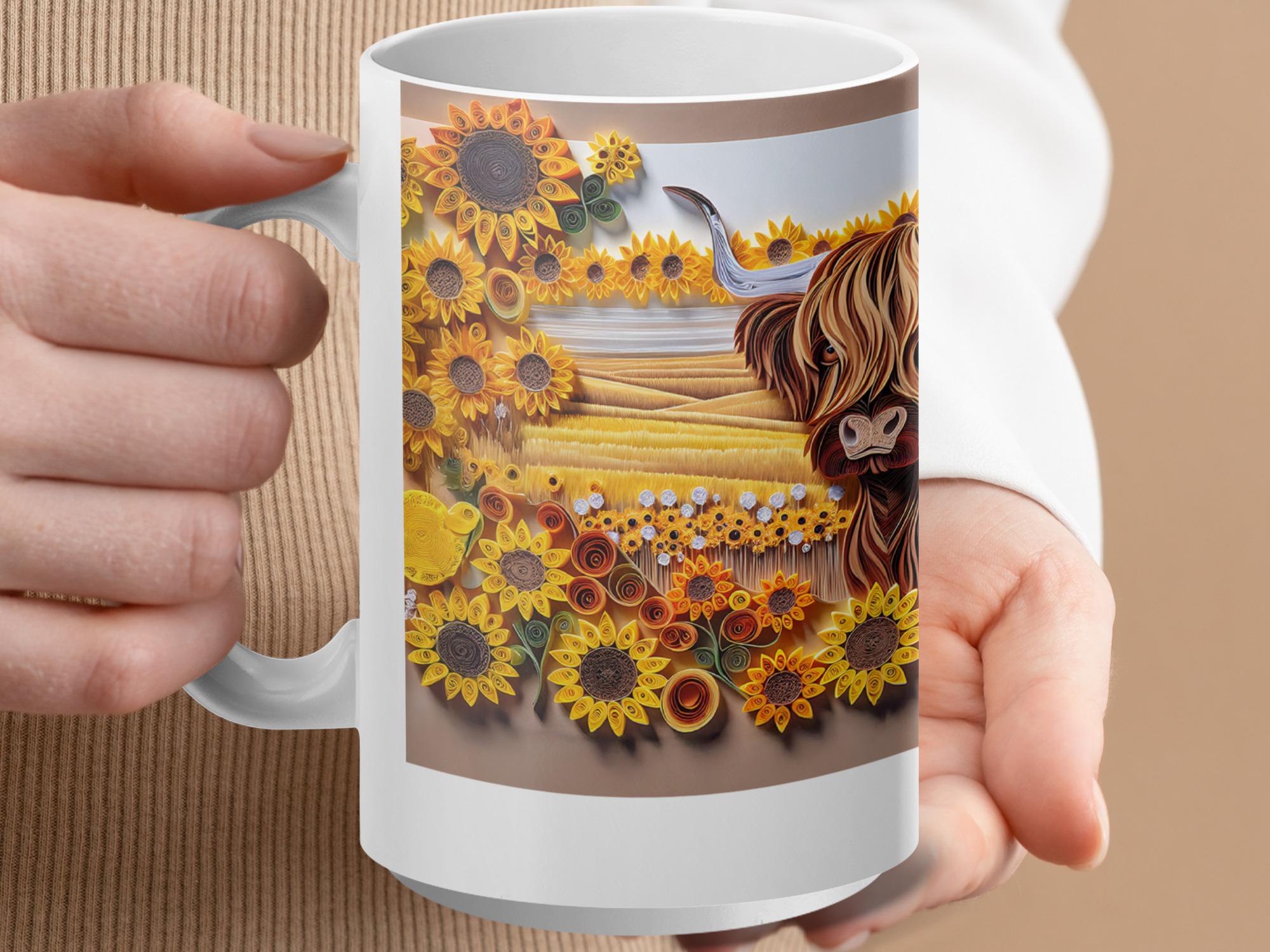 Paper Quilled Highland Cow Mug: Sunflower Farmhouse Decor