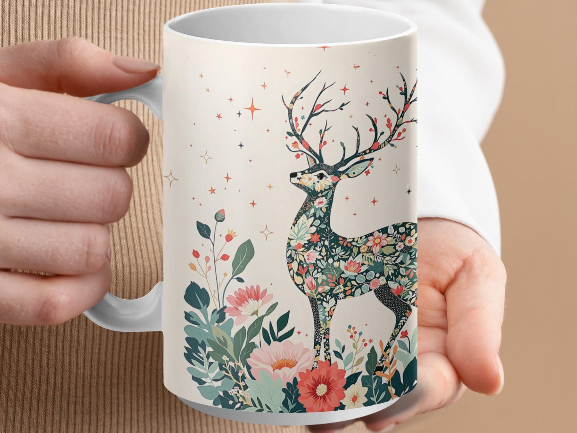 Floral Deer Coffee Mug: Cottagecore Nature Lover Gift