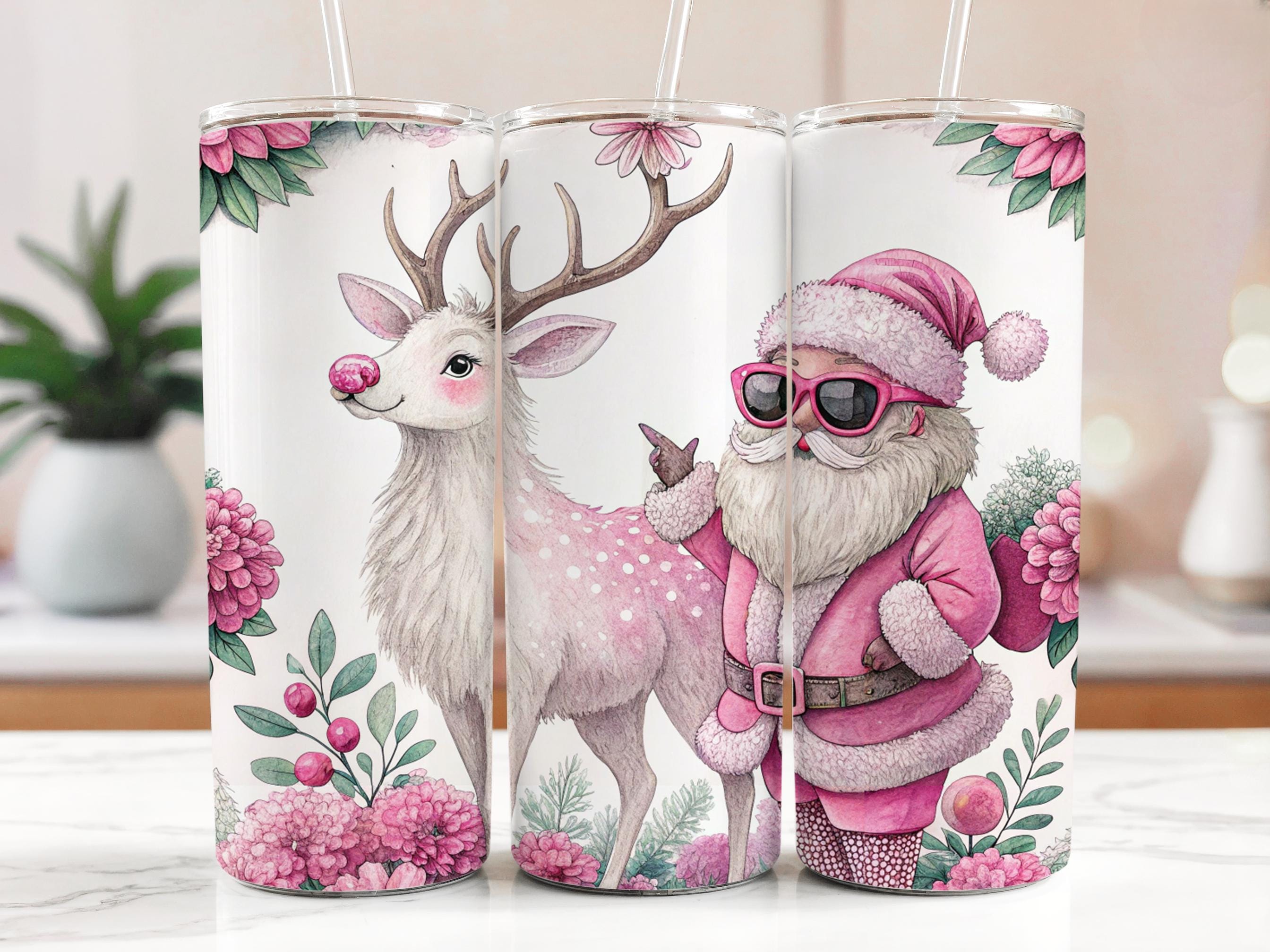 Pink Retro Santa Reindeer Tumbler Wrap: Floral Christmas PNG (Digital Download)
