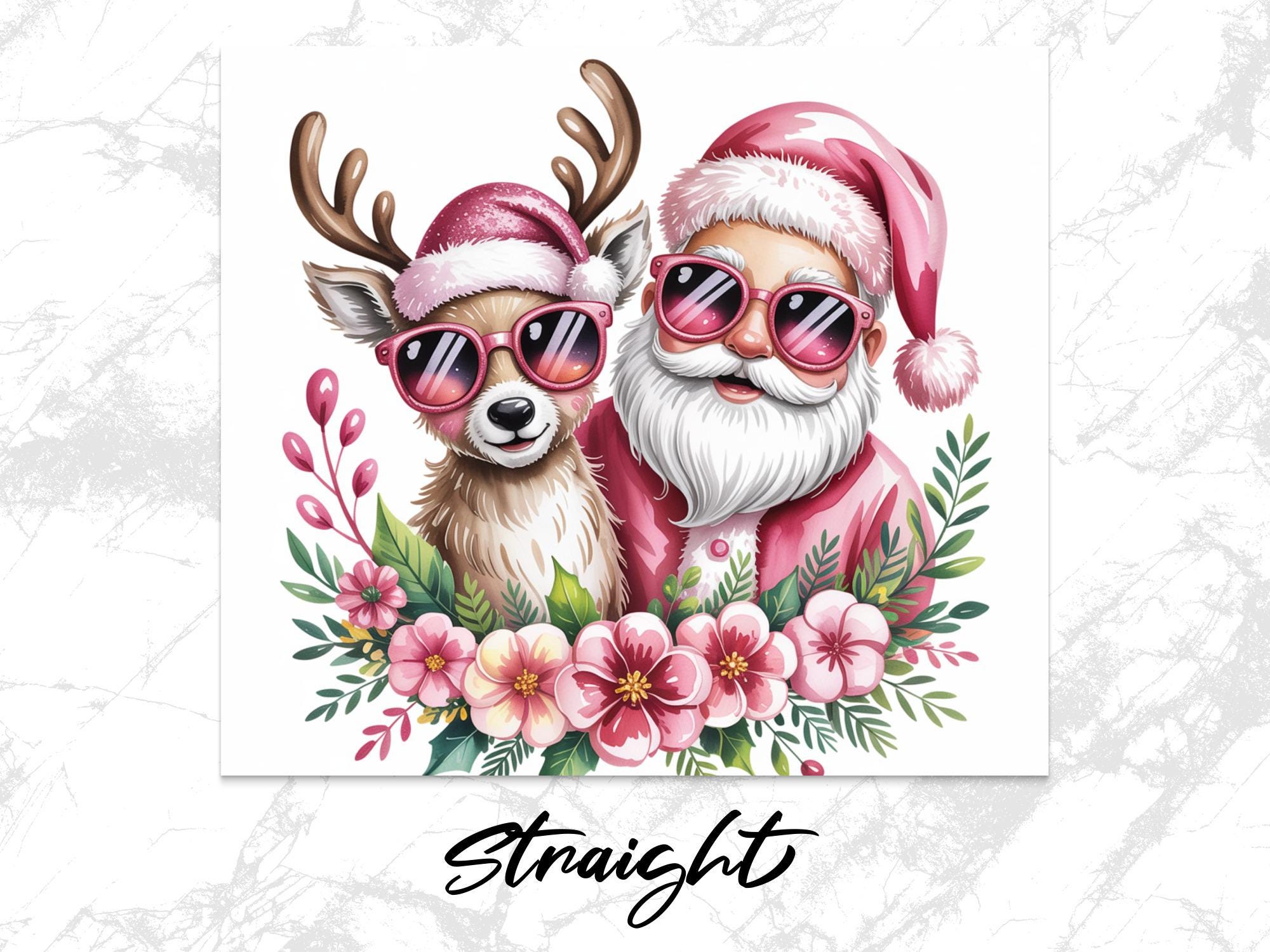 Cool Santa and Deer Tumbler Wrap 20 oz, Retro Christmas Design, Pink Santa Clipart, Sunglasses Holiday Gift