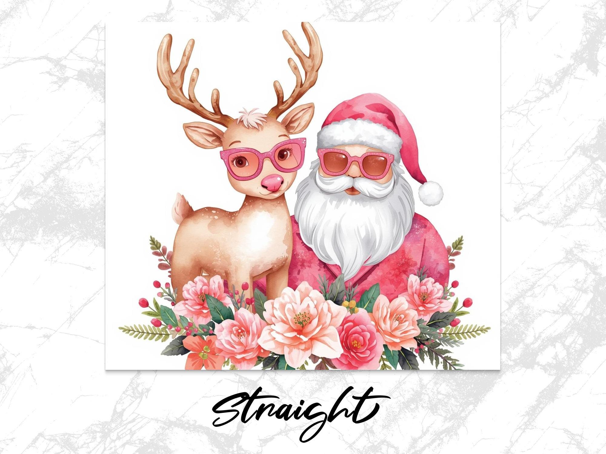 Pink Santa Reindeer Tumbler Wrap: Floral Christmas Design (PNG Digital Download)