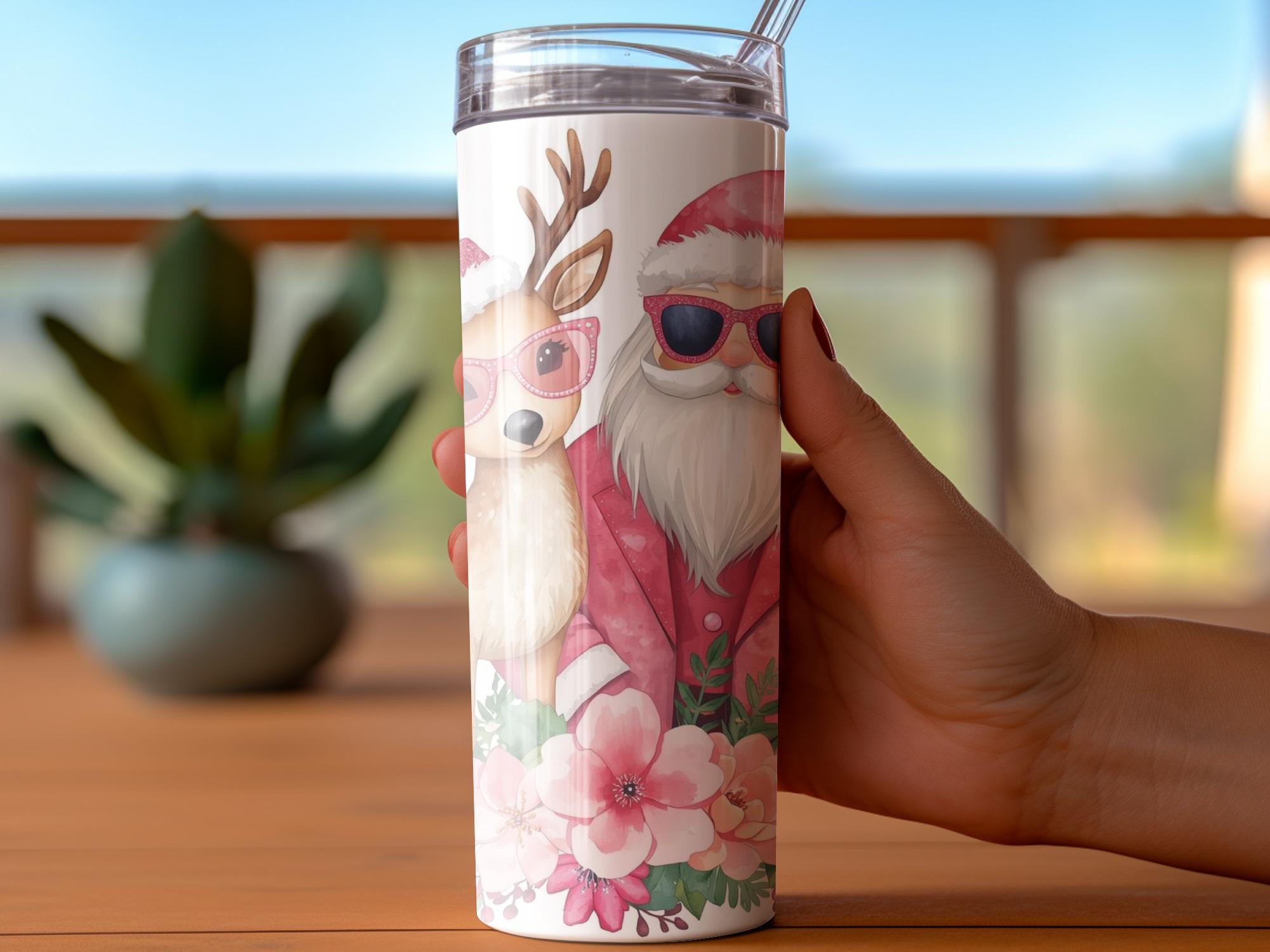 Cool Santa Reindeer Tumbler Wrap 20 oz, Pink Christmas Png, Festive Santa Holiday Design, Sunglasses Santa Tumbler Design