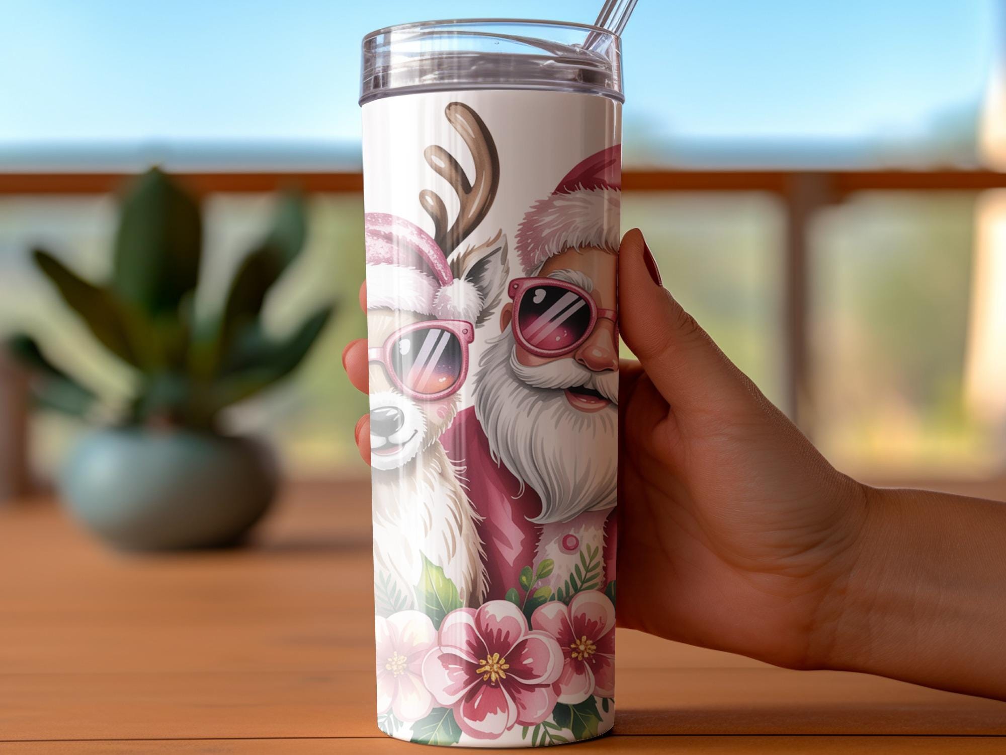 Cool Santa and Deer Tumbler Wrap 20 oz, Retro Christmas Design, Pink Santa Clipart, Sunglasses Holiday Gift