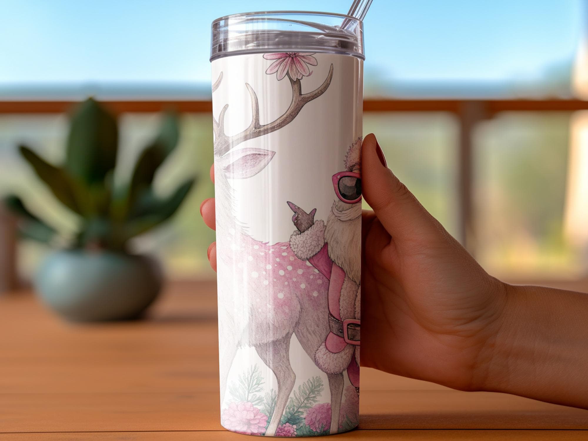 Pink Retro Santa Reindeer Tumbler Wrap: Floral Christmas PNG (Digital Download)