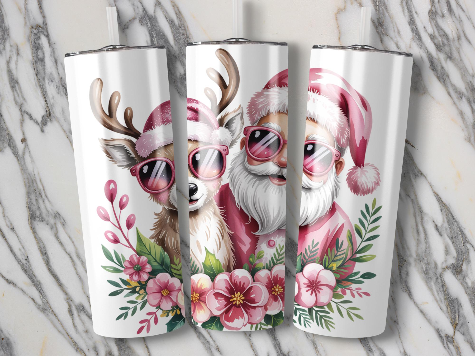 Cool Santa and Deer Tumbler Wrap 20 oz, Retro Christmas Design, Pink Santa Clipart, Sunglasses Holiday Gift