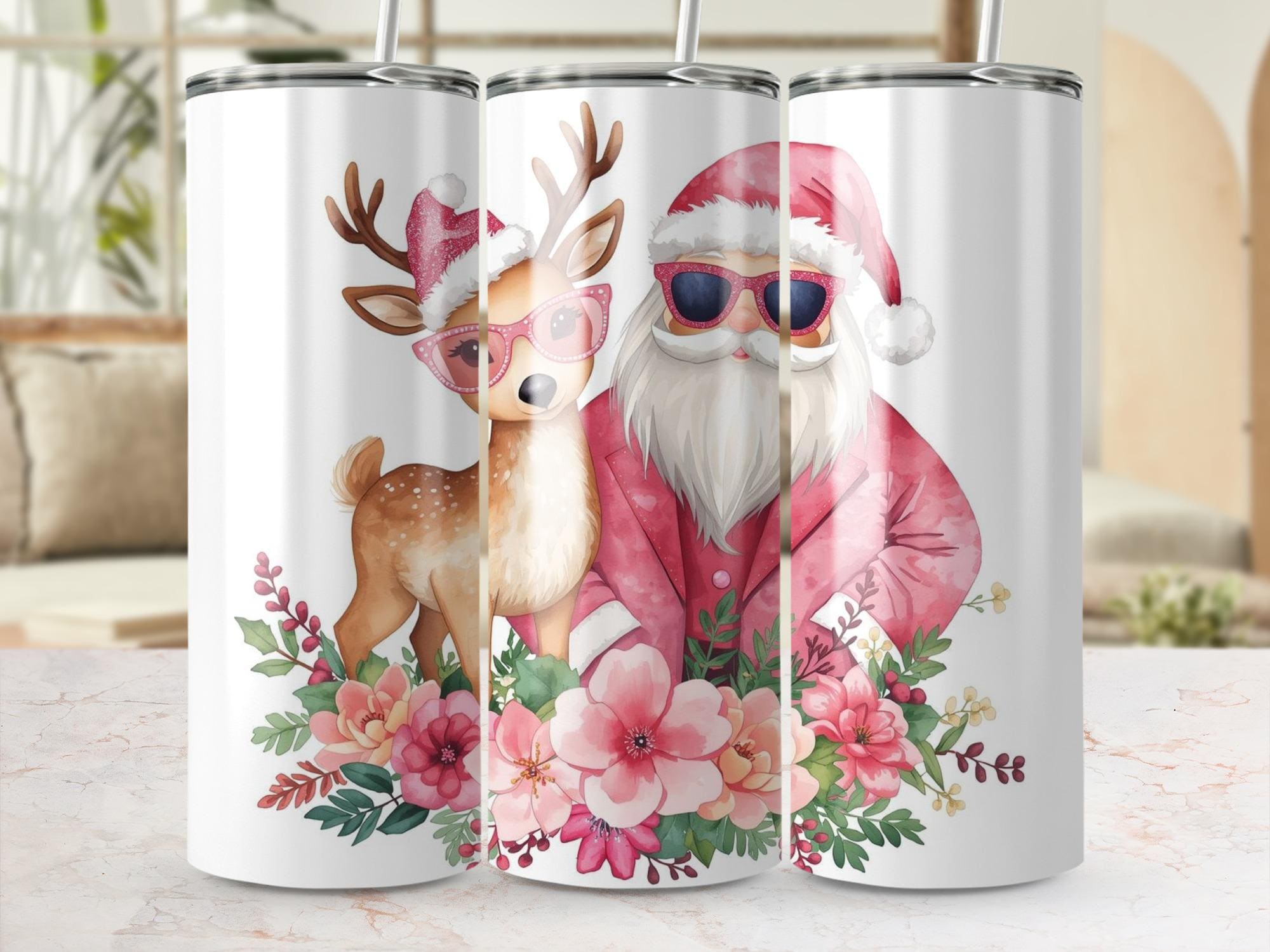 Cool Santa Reindeer Tumbler Wrap 20 oz, Pink Christmas Png, Festive Santa Holiday Design, Sunglasses Santa Tumbler Design