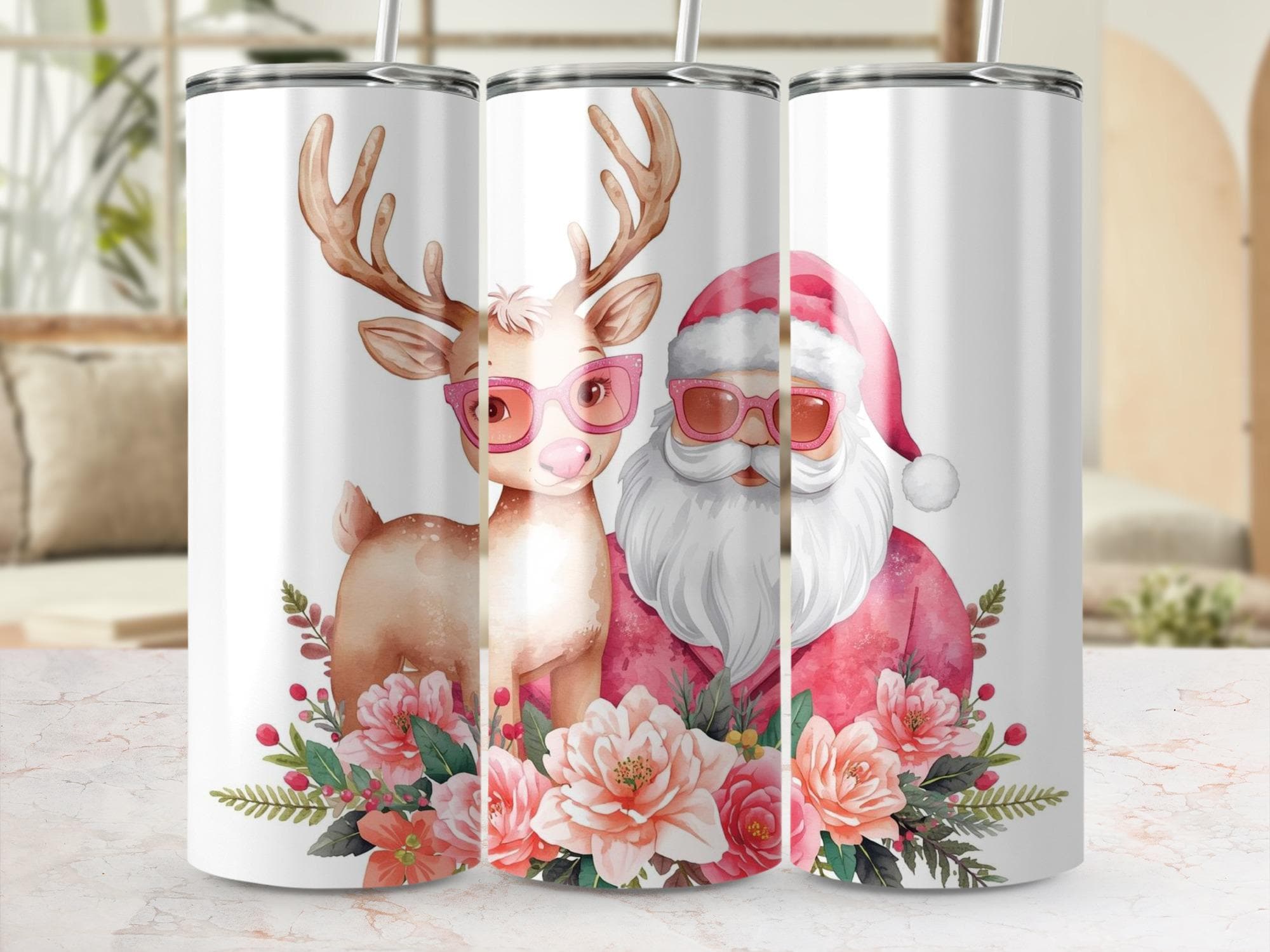 Pink Santa Reindeer Tumbler Wrap: Floral Christmas Design (PNG Digital Download)