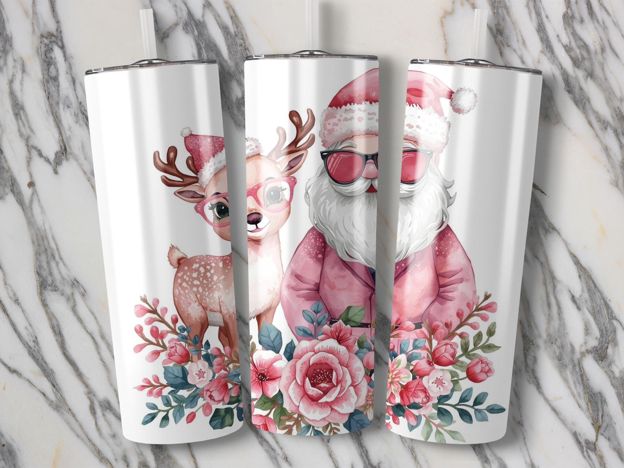 Retro Santa Reindeer Tumbler Wrap: Floral Christmas Sublimation (PNG)