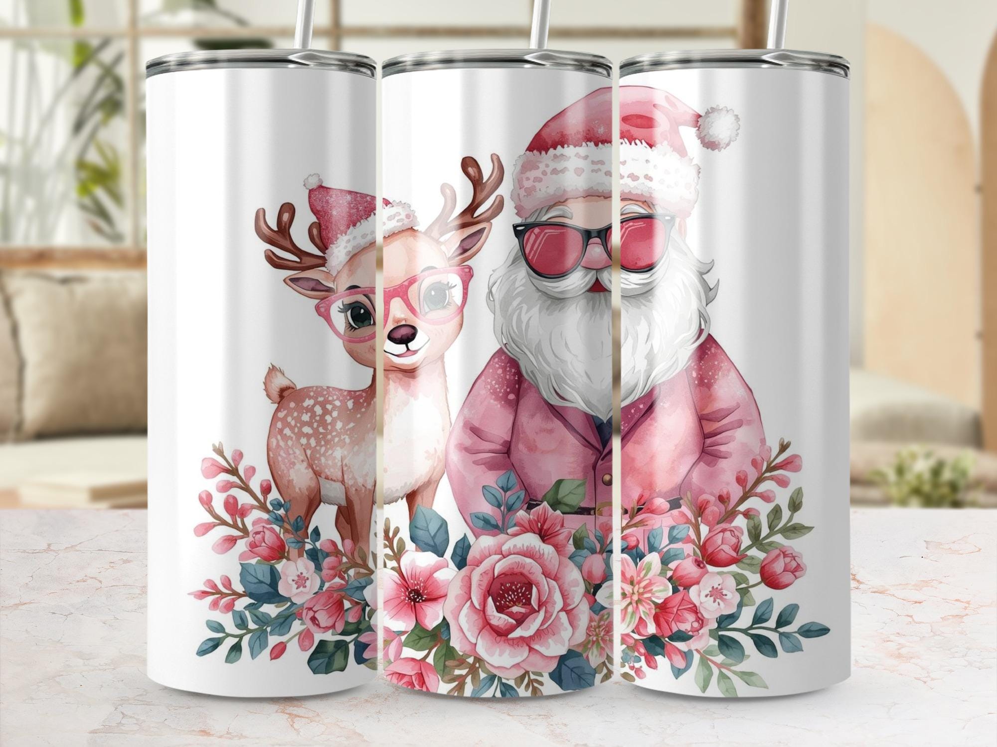 Retro Santa Reindeer Tumbler Wrap: Floral Christmas Sublimation (PNG)