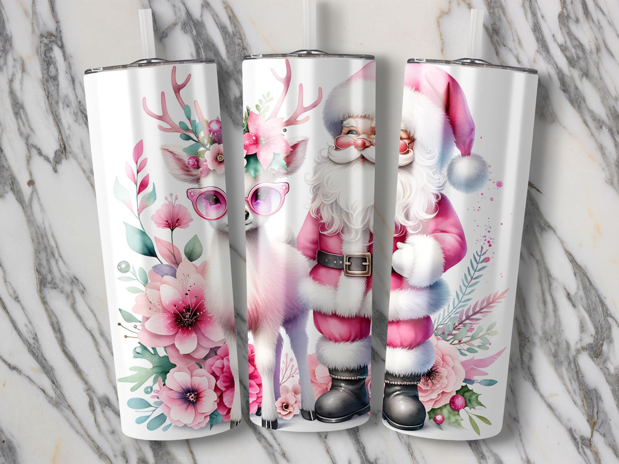 Floral Deer Santa Tumbler Wrap: 20oz Skinny Tumbler Sublimation (PNG Digital Download)