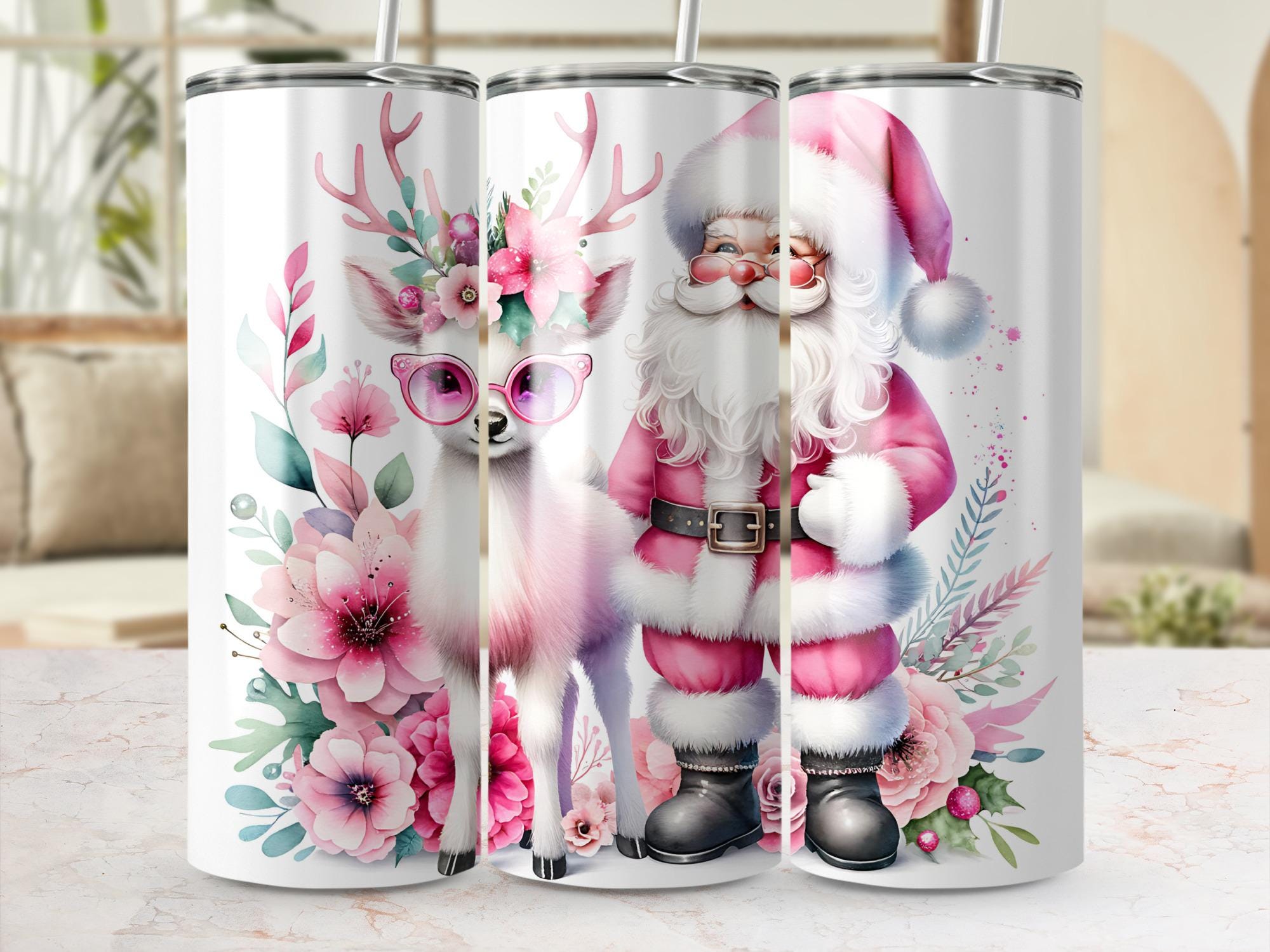 Floral Deer Santa Tumbler Wrap: 20oz Skinny Tumbler Sublimation (PNG Digital Download)