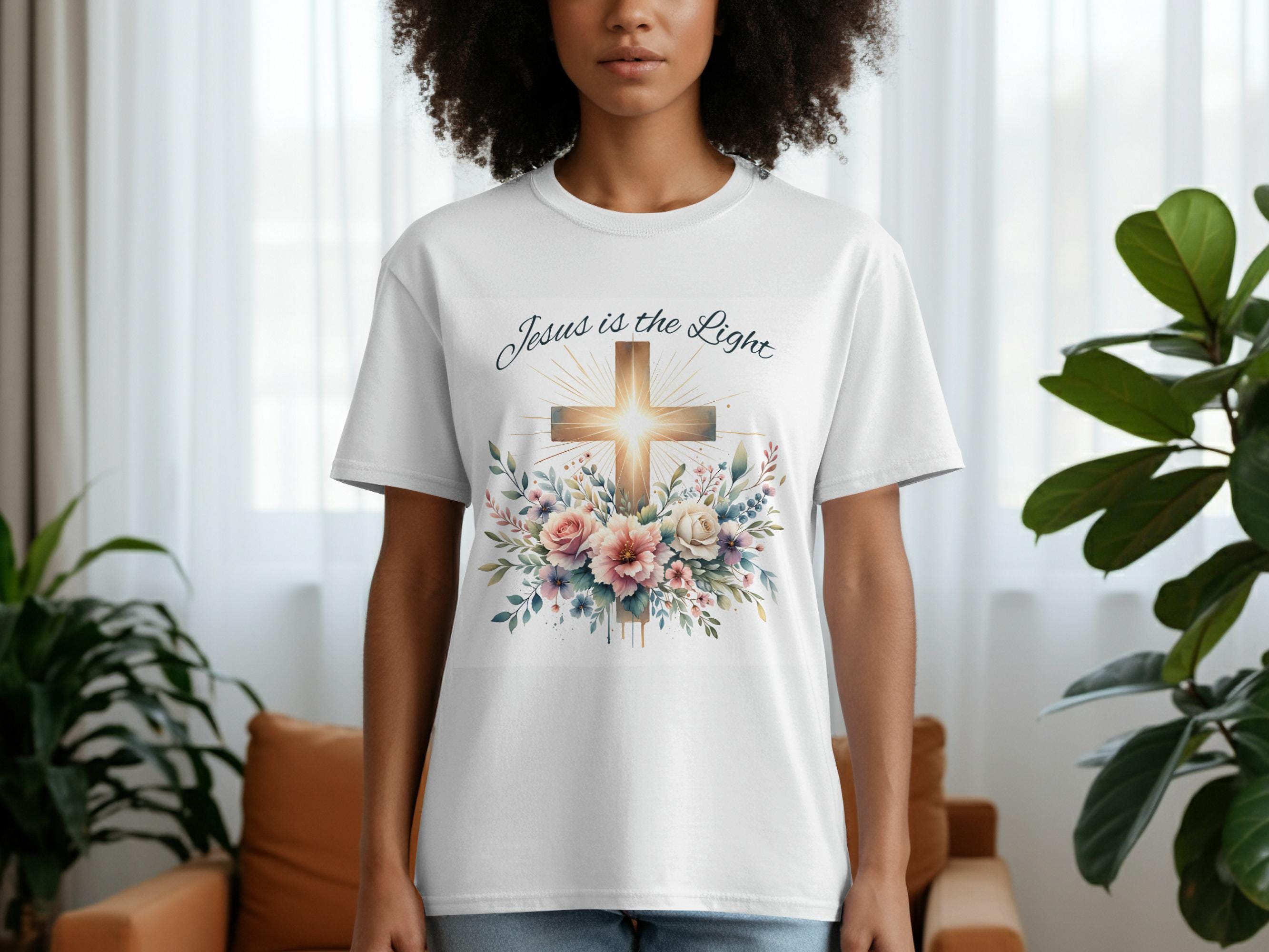 Floral Cross 'Jesus is the Light' PNG: Christian T-Shirt Design (Digital Download)