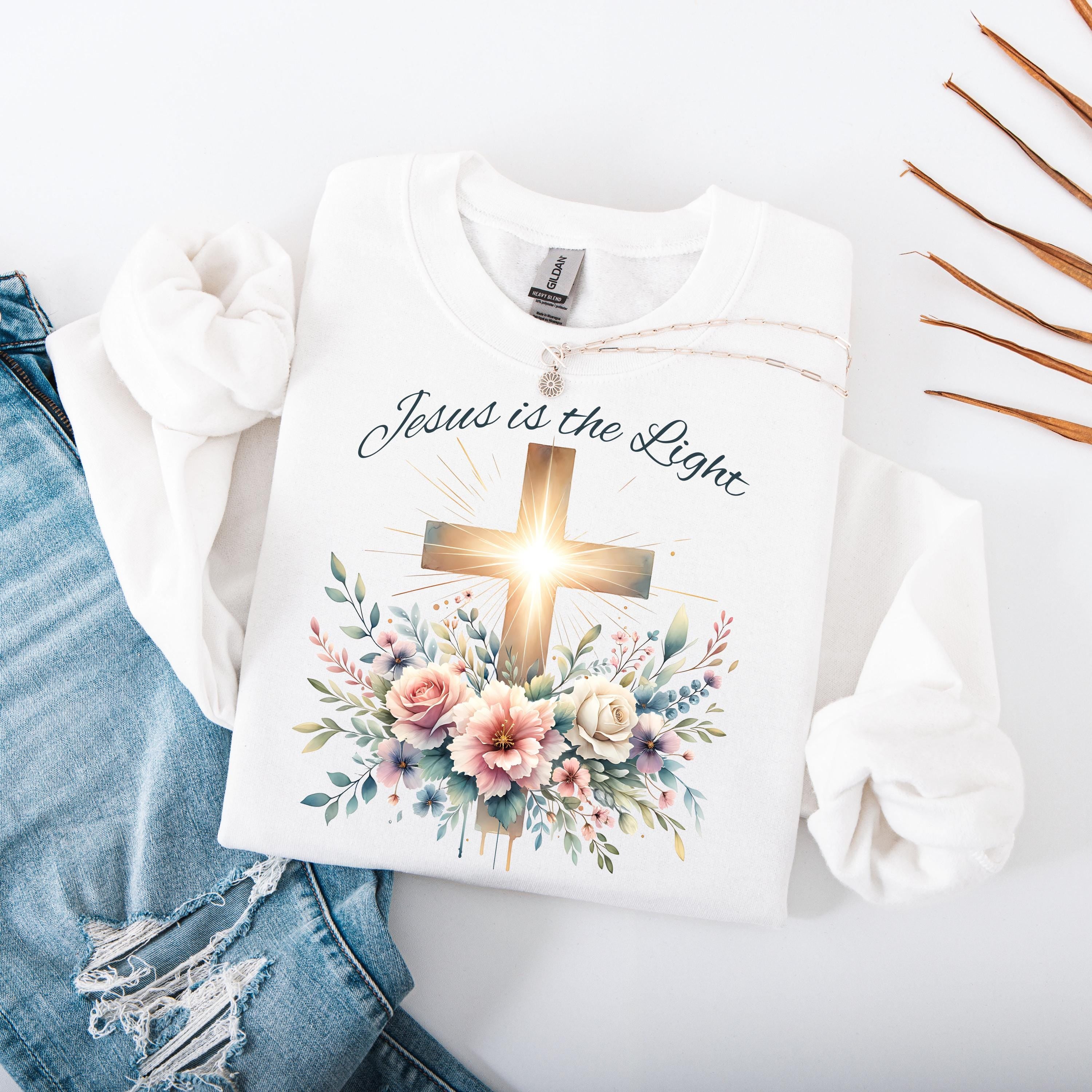Floral Cross 'Jesus is the Light' PNG: Christian T-Shirt Design (Digital Download)