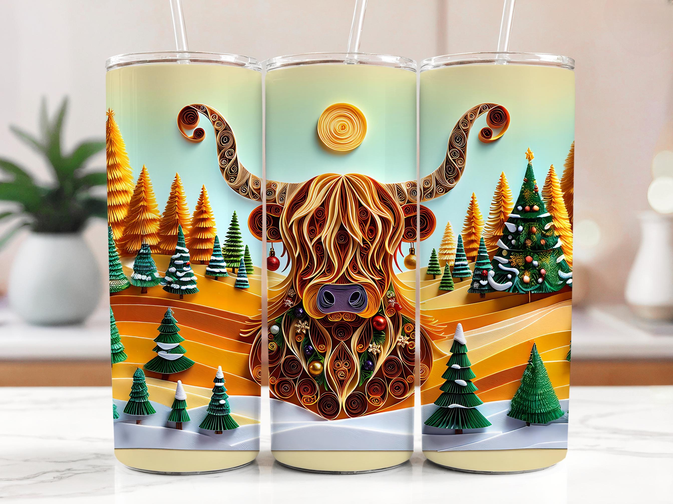 Christmas Highland Cow Tumbler Wrap: Winter Trees PNG (Digital Download)