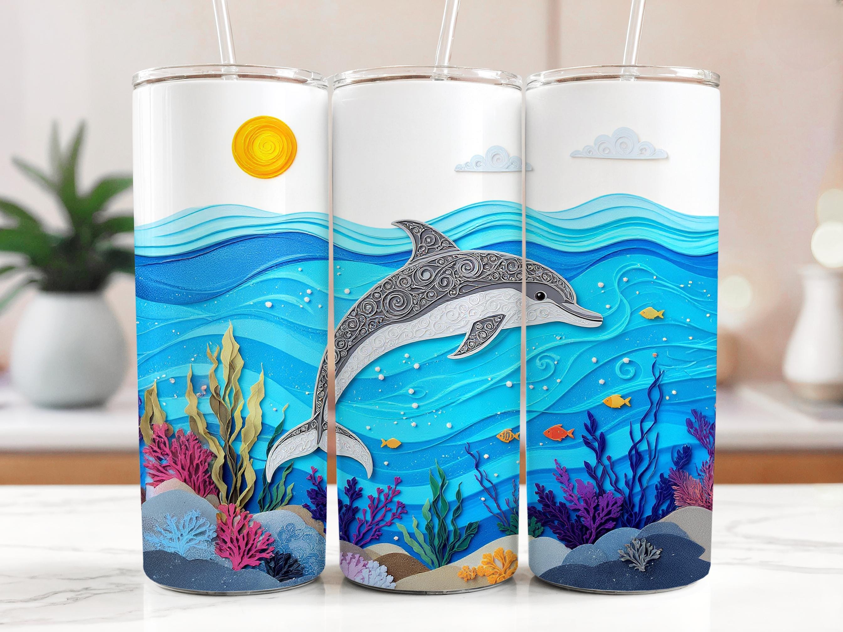Dolphin Tumbler Wrap: Ocean Paper Quilling Design (20oz Skinny Tumbler PNG Digital Download