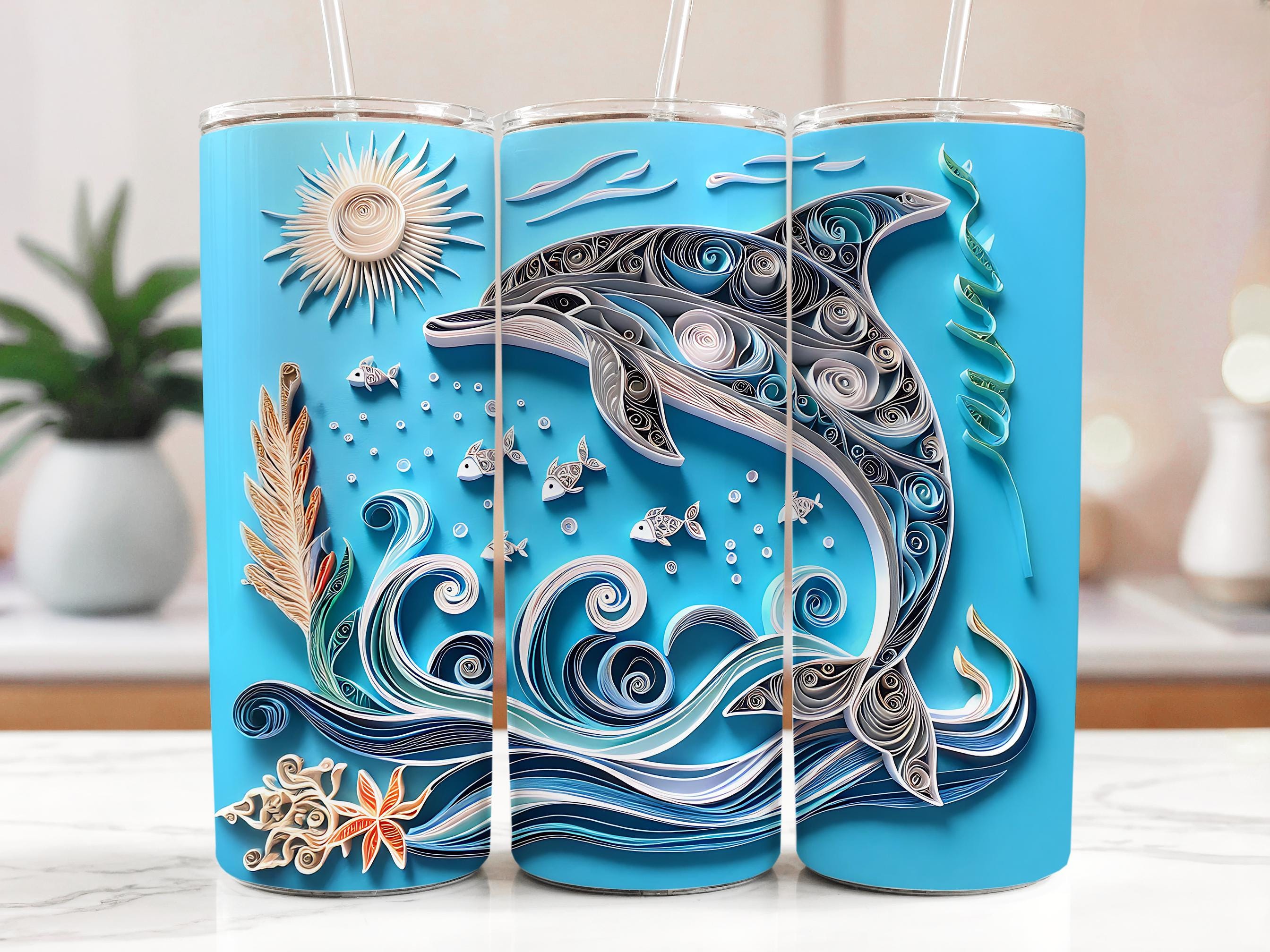 Dolphin Tumbler Wrap: Quilling Art Ocean Design (20oz Tumbler Digital Download PNG)