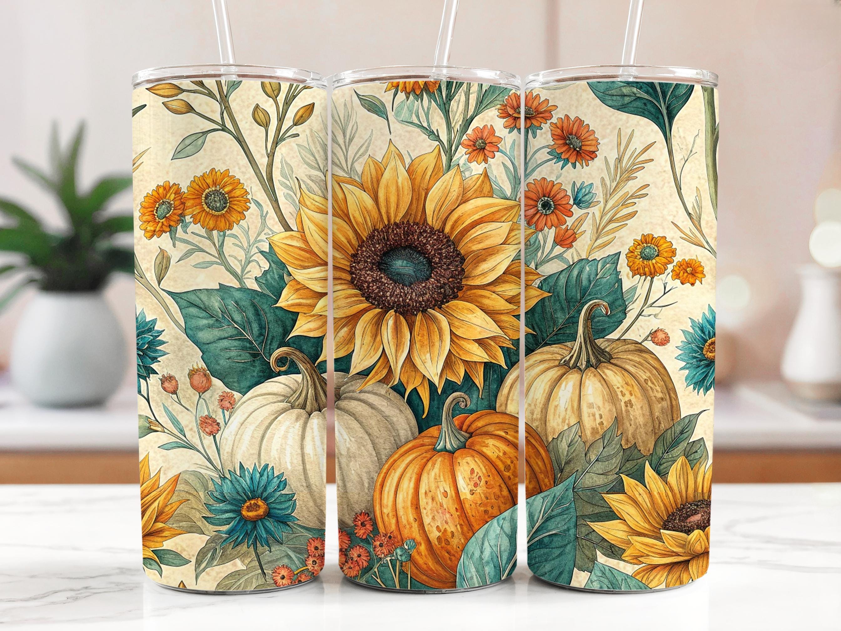 Sunflower Pumpkin Tumbler Wrap: Autumn Floral 20oz Skinny Tumbler PNG (Digital Download)