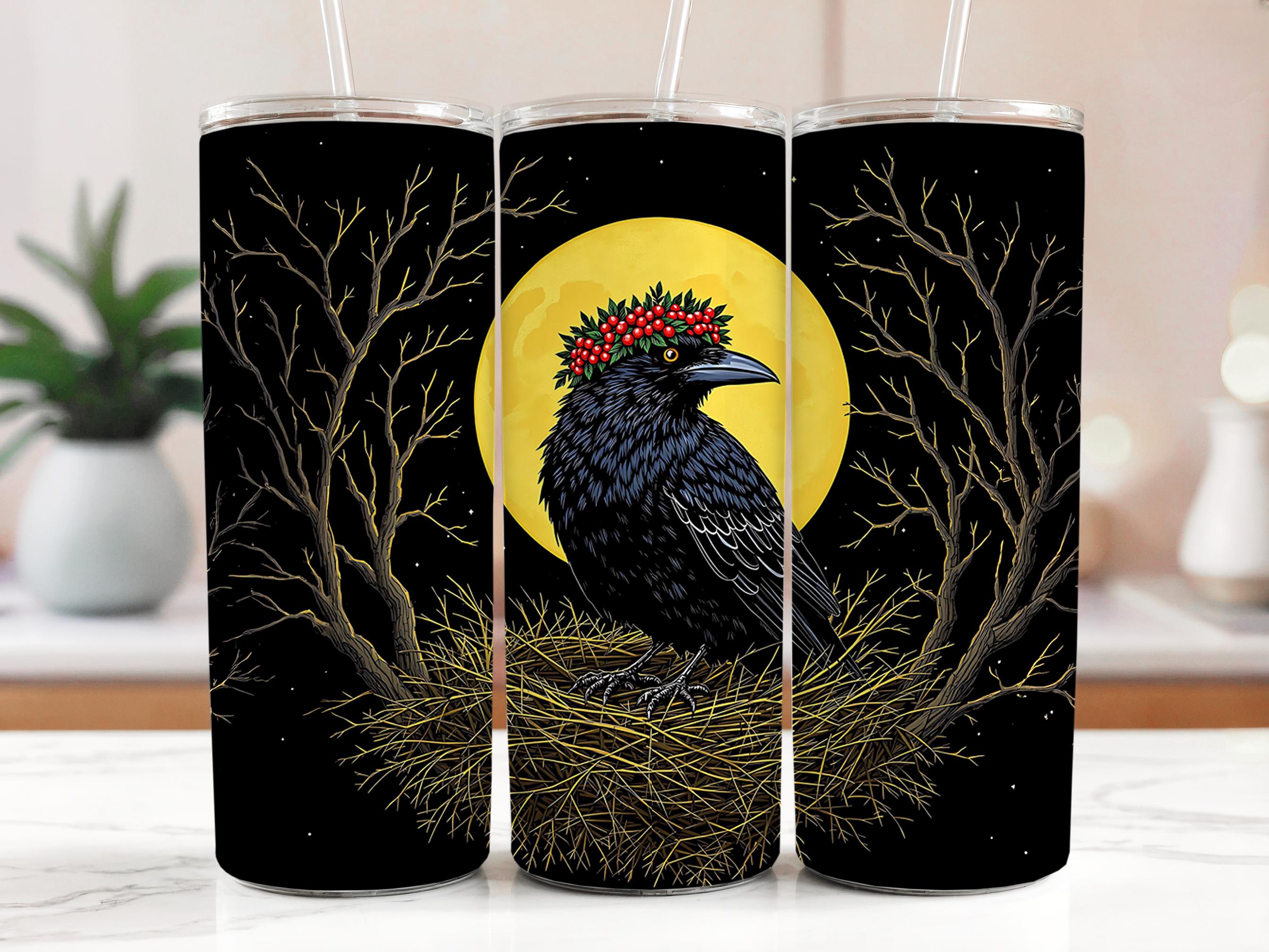 Crow Tumbler Wrap: Floral Wreath, Moon Design (Digital Download, PNG File)