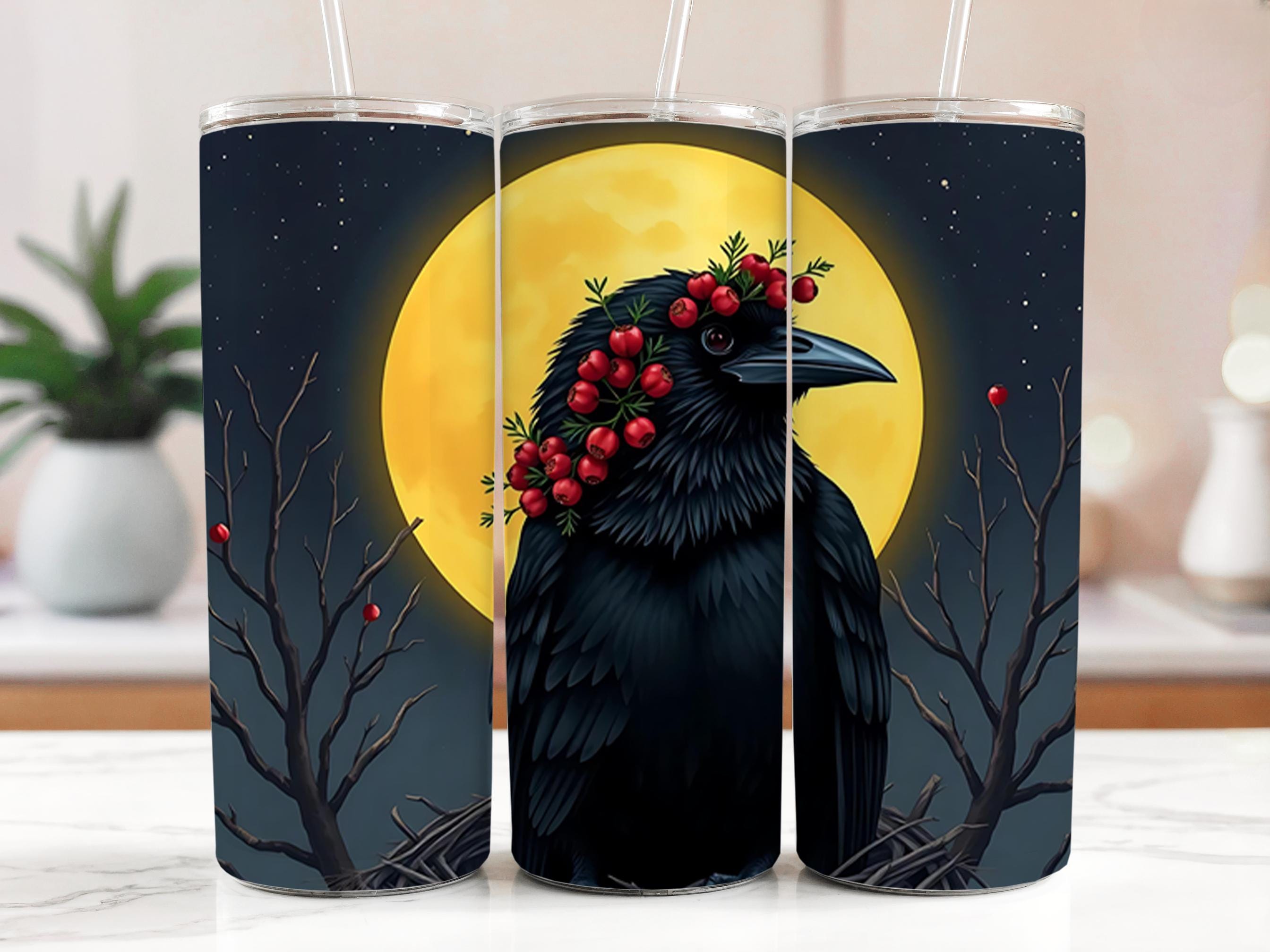 Raven Tumbler Wrap: Crow, Full Moon, Berry Wreath (Digital Download, 20oz Tumbler PNG Files)